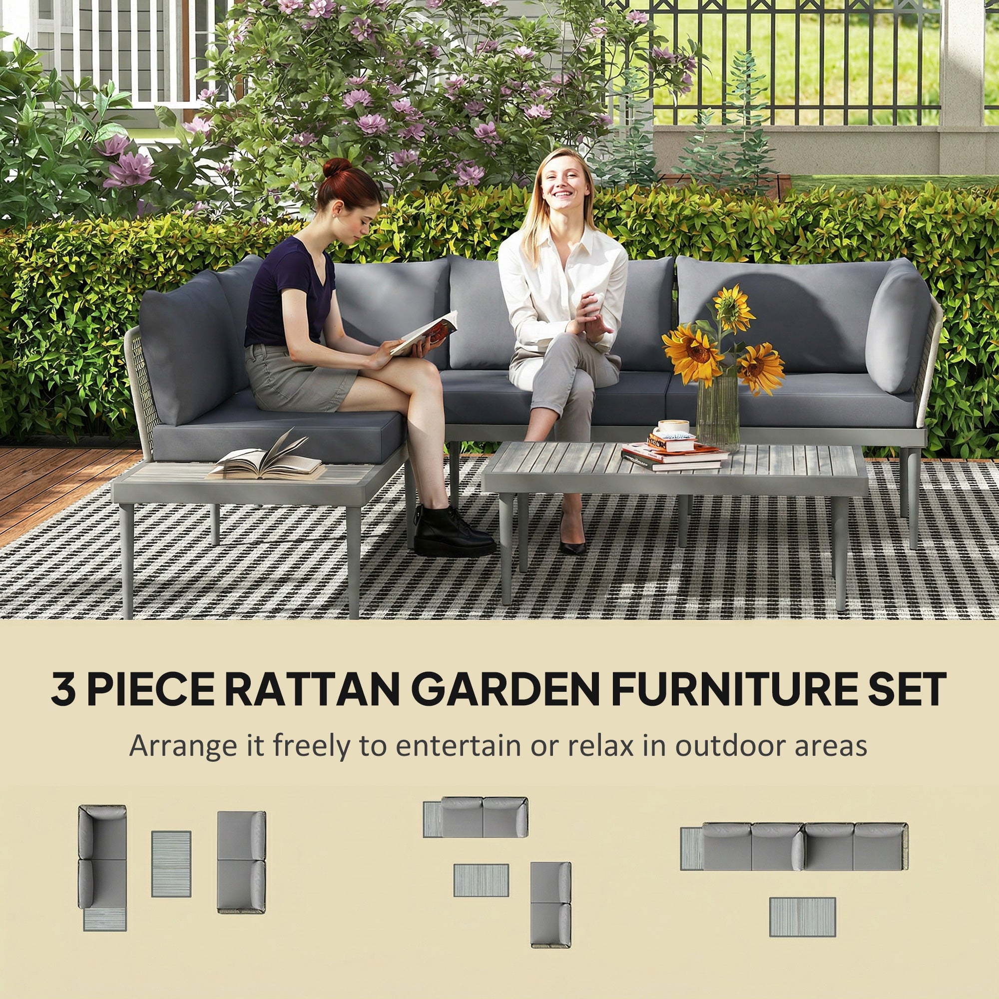 Thee-Piece 'L' Rattan Sofa Set - Grey
