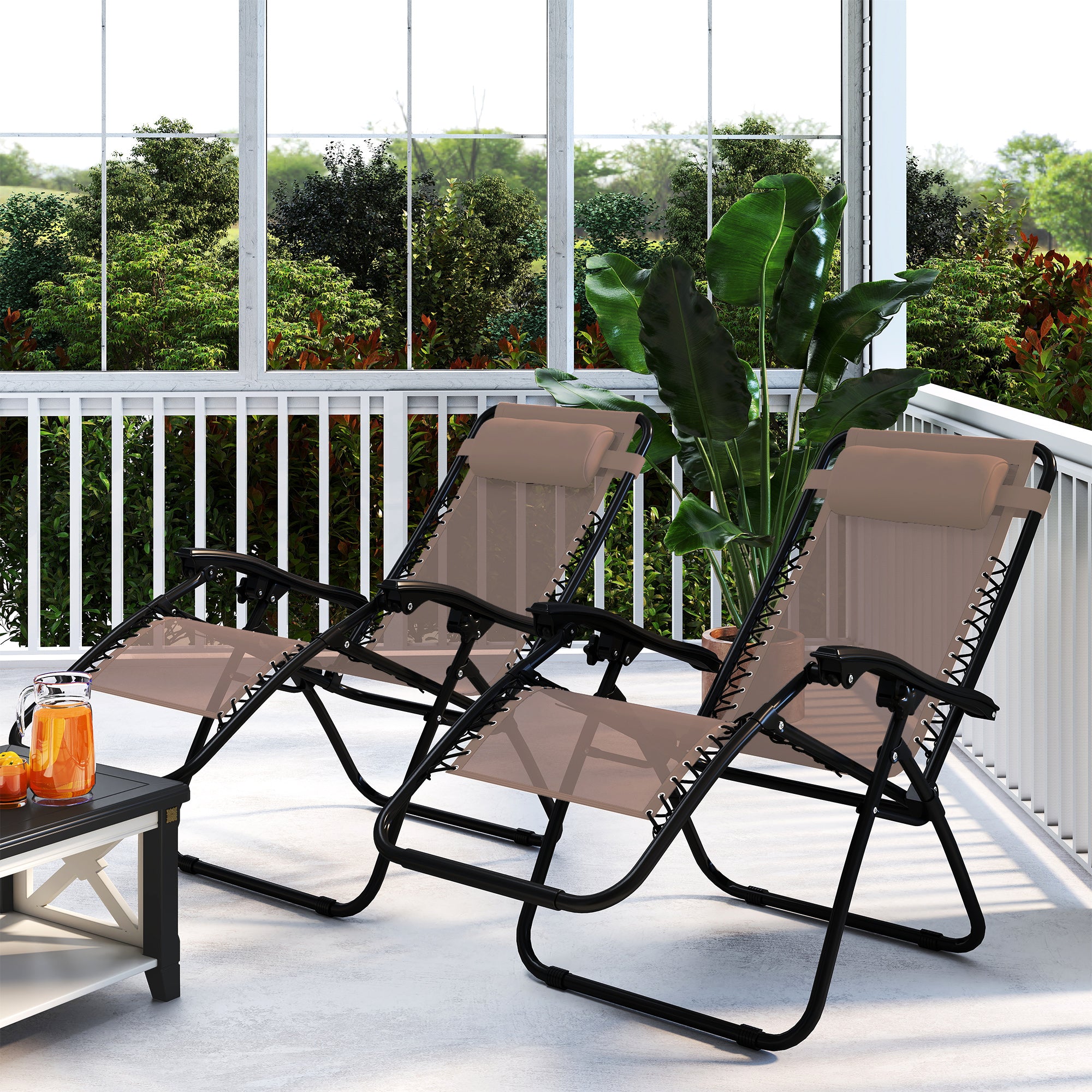 Zero Gravity Chair Set of 2, Metal Frame Texteline Armchair Outdoor Folding and Reclining Sun Lounger with Head Pillow for Patio Decking Gardens Camping, Beige
