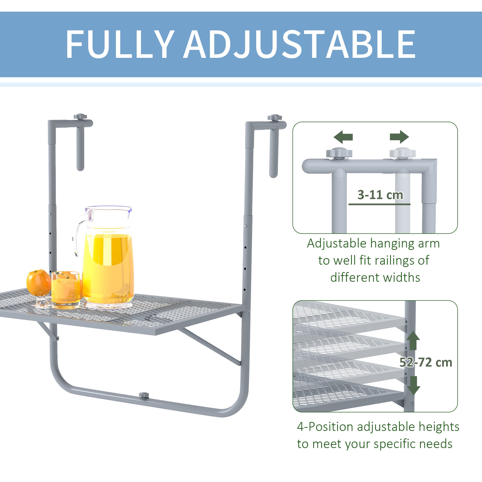 Balcony Hanging Table, Metal Wall Mount Desk, Adjustable Folding Balcony Deck Table for Patio and Garden, Grey