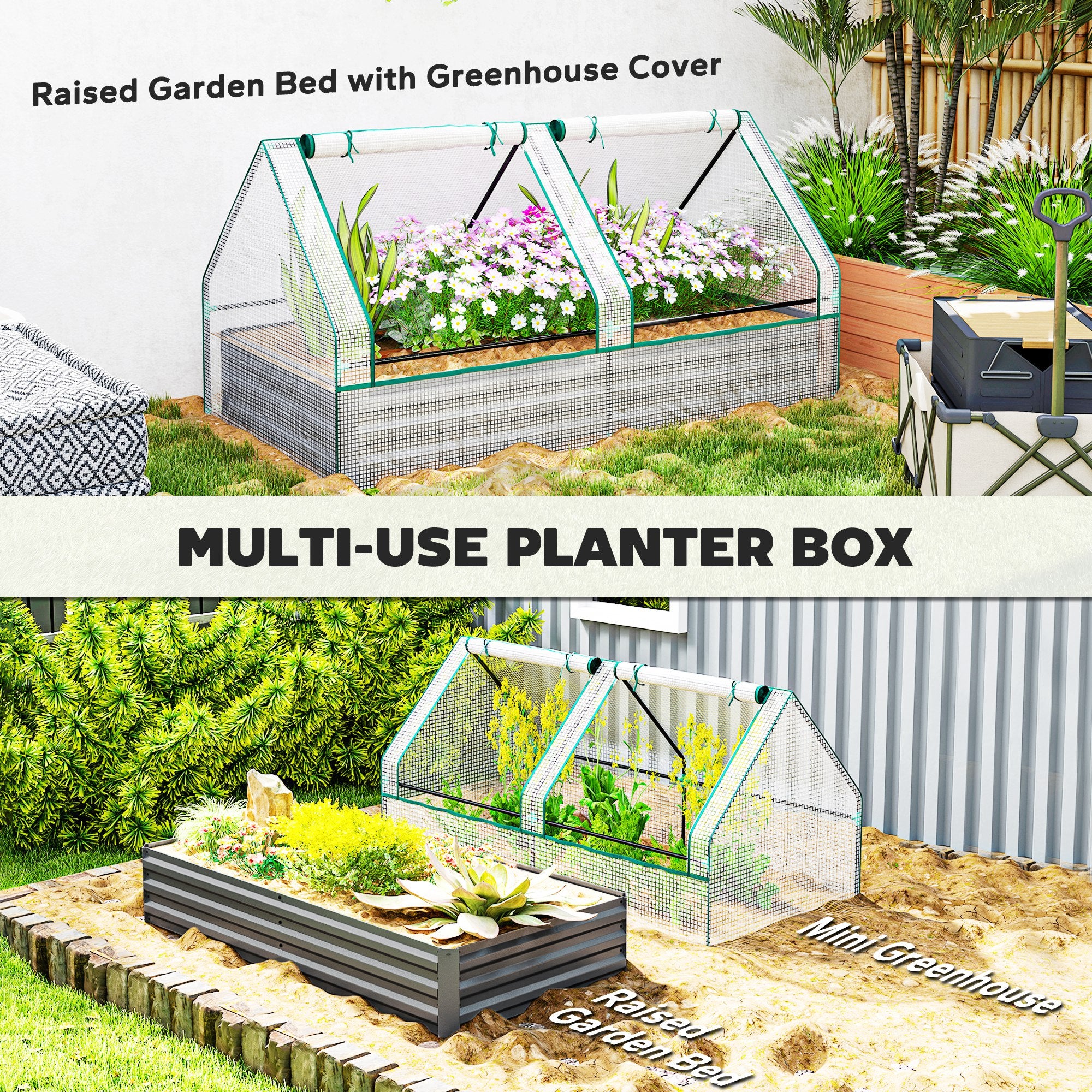 Metal Raised Garden Bed with Greenhouse Cover - White and Dark Grey