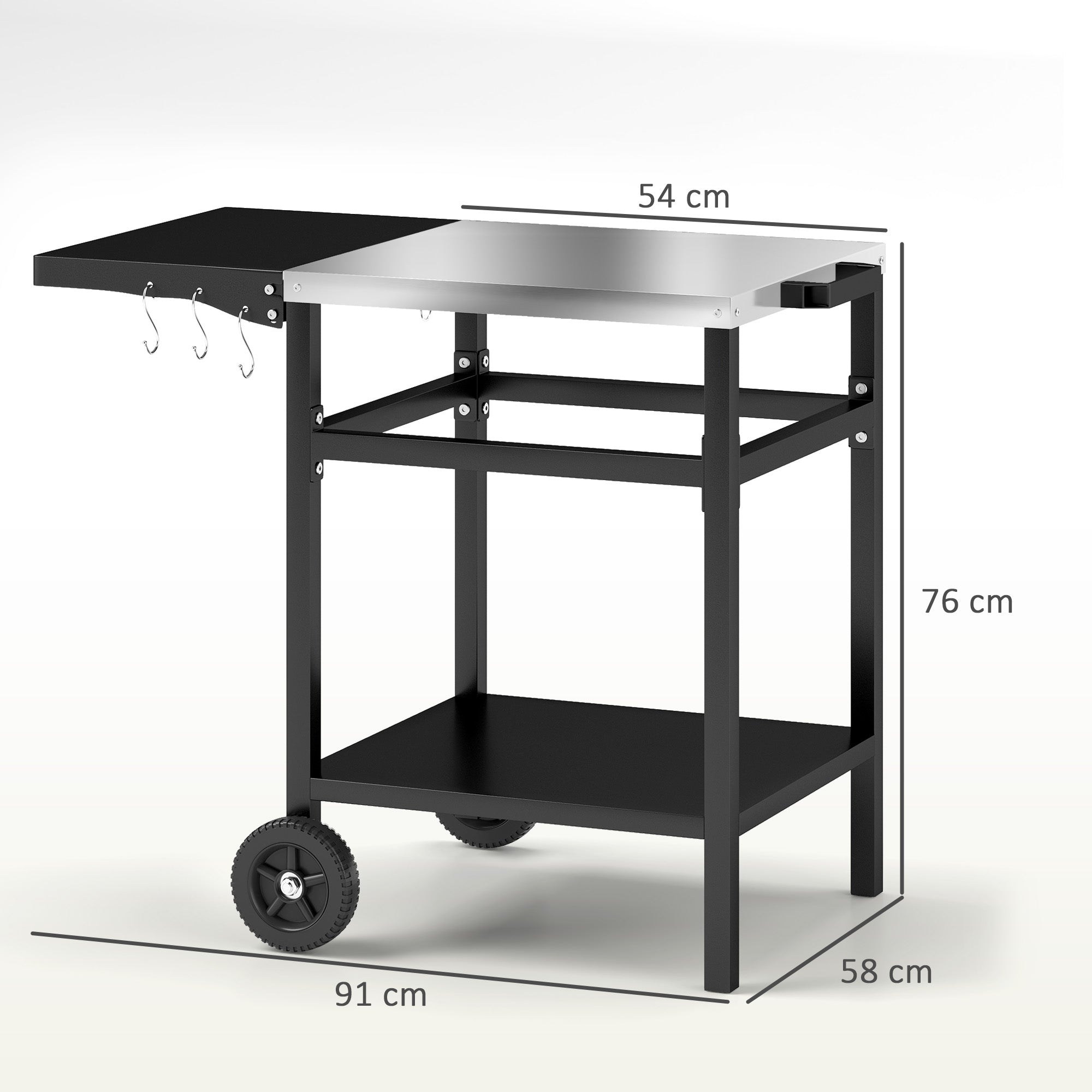 Outdoor BBQ Trolley with Stainless Steel Top and Foldable Side Table - Black