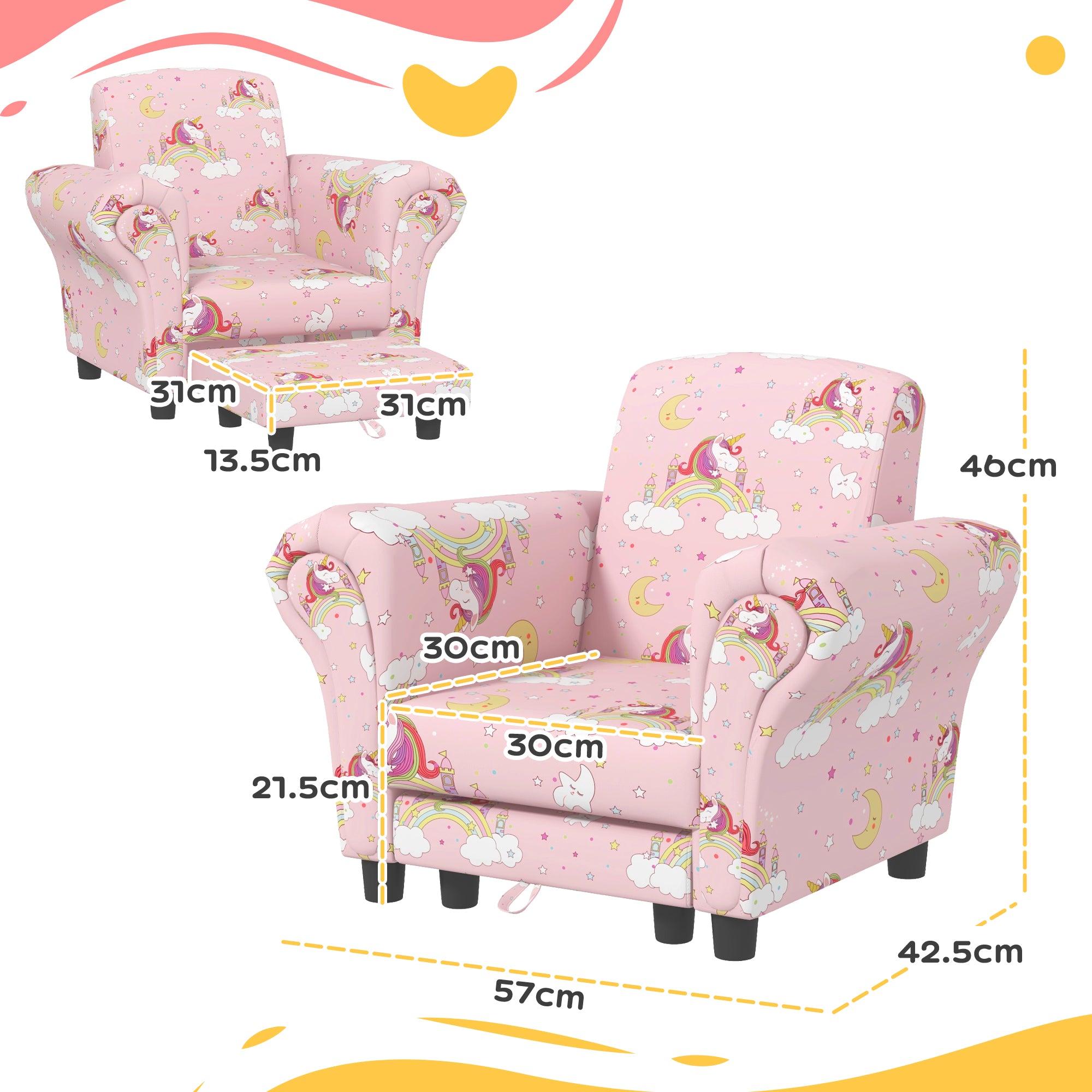 2 Piece Kids Sofa Set with Unicorn Design, Wooden Frame, for 1.5-3 Years Old, Pink