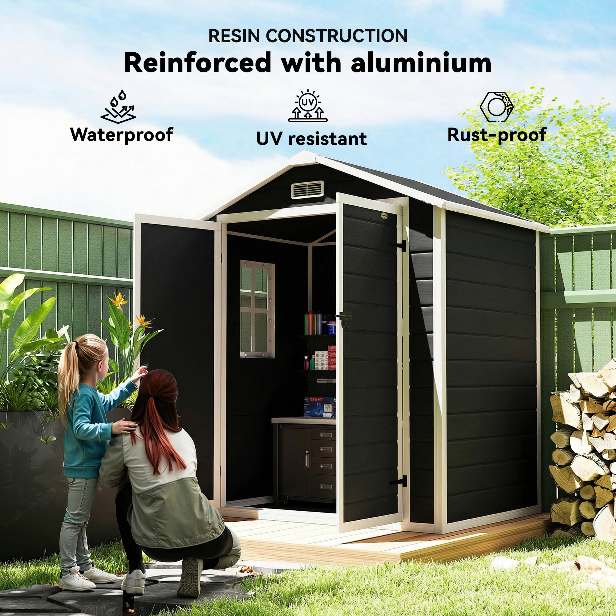6'x4.5' Garden Storage Shed, Lockable Garden Shed with Double Doors, Window, Vent and Plastic Roof, Black