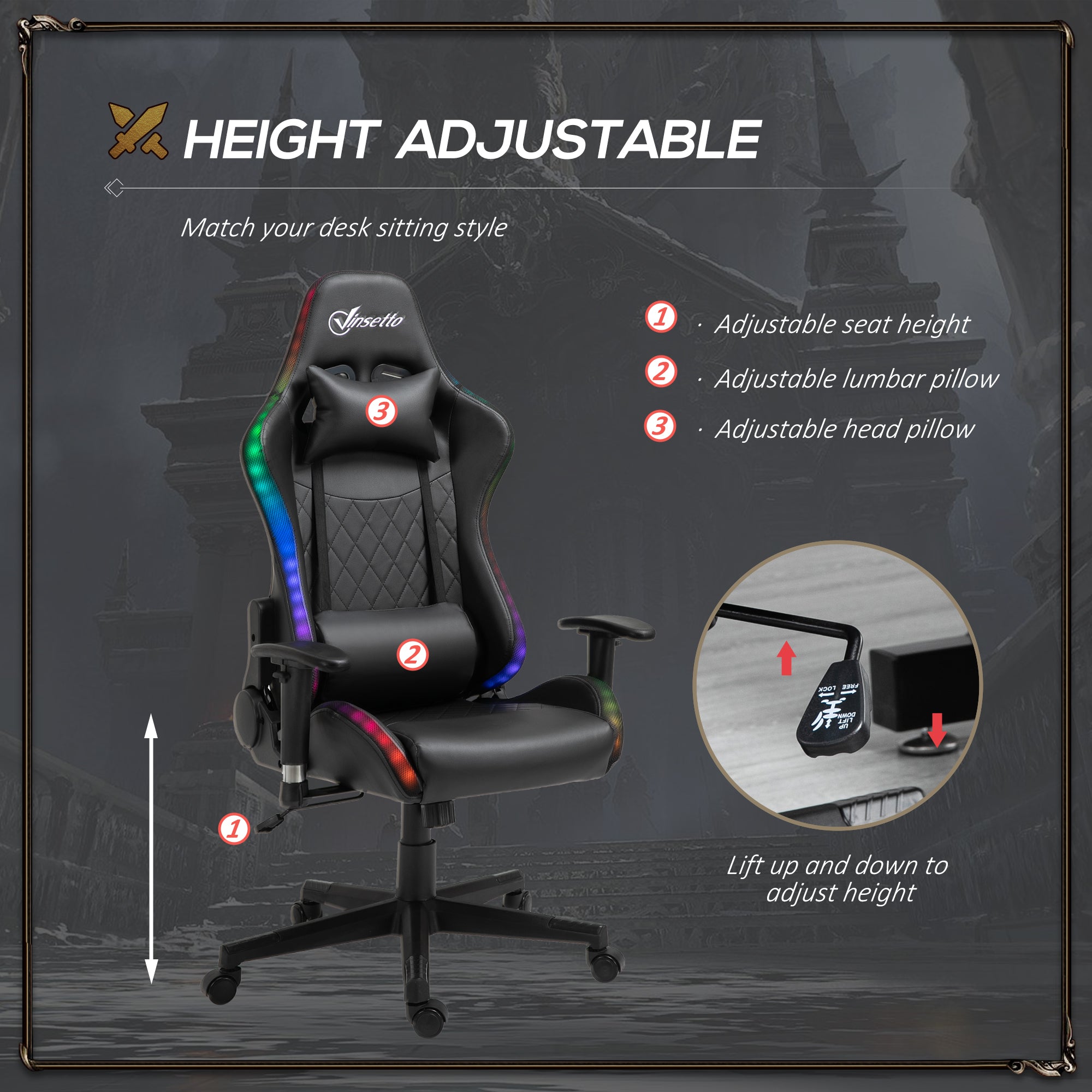 Gaming Chair with RGB LED Light, 2D Arm, Lumbar Support, Height Adjustable Swivel Office Computer Recliner, Racing Gamer Desk Chair for Home, Black