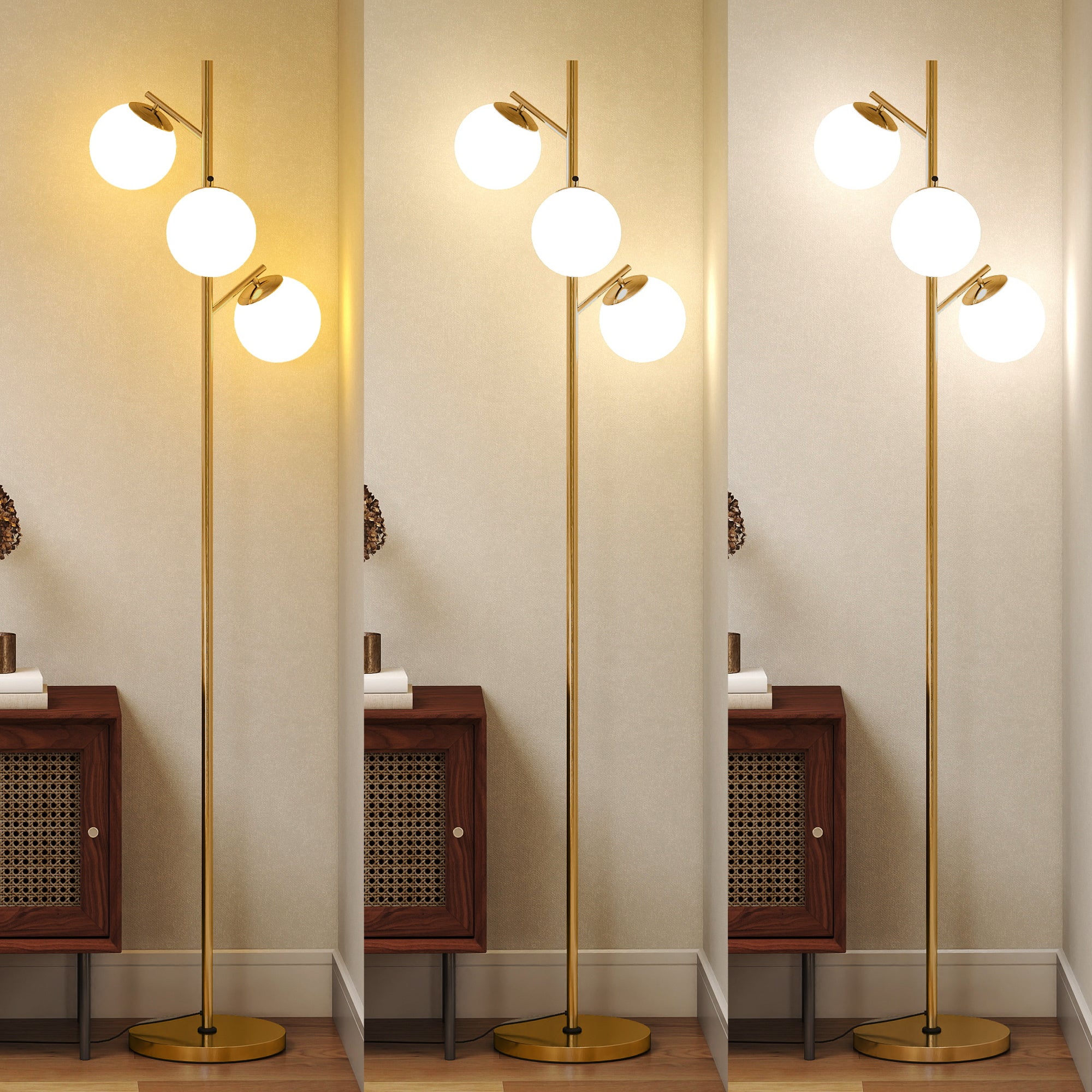 3-Light Tree Floor Lamps for Living Room, Modern Standing Lamp for Bedroom with Globe Lampshade, 3000K/4000K/6000K Colour Temperatures, Steel Base, Gold Tone