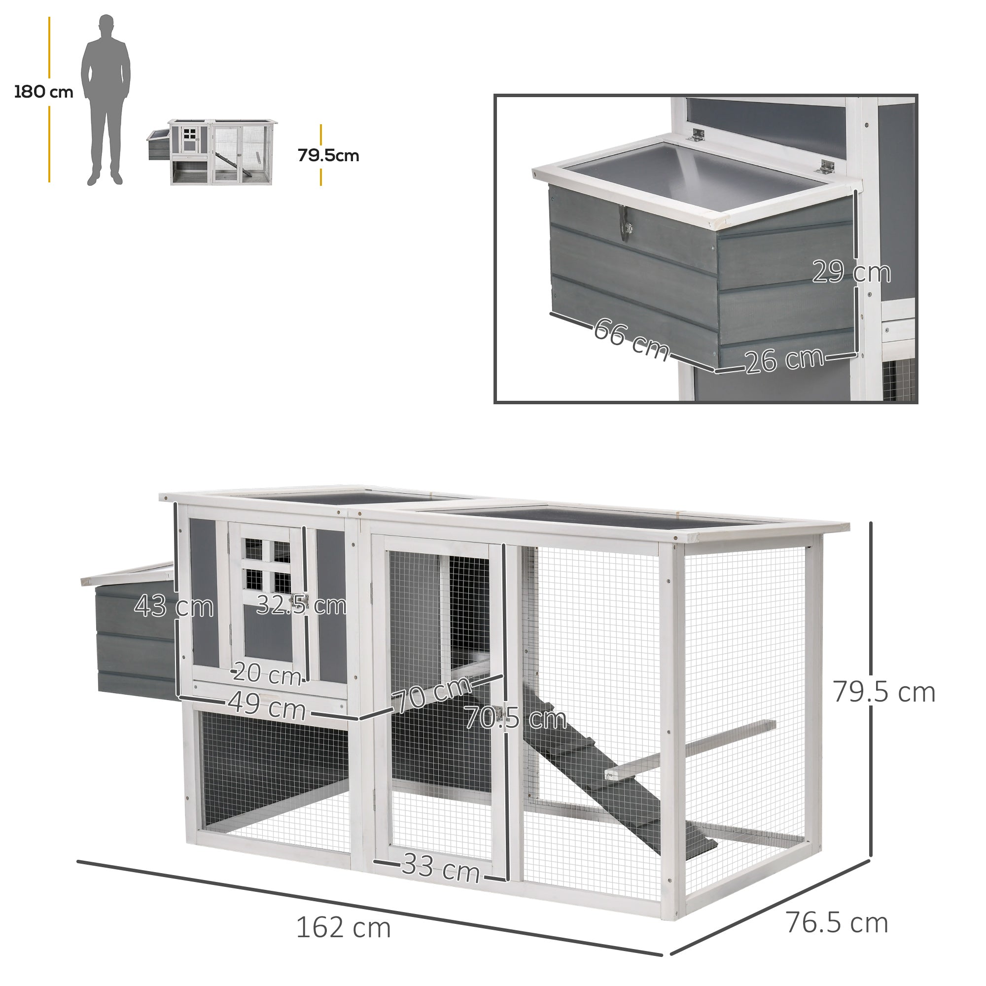 Chicken Coop with Run Rabbit Hutch Wooden Poultry Cage Hen House w/ Nesting Box Removable Tray Openable Roof Grey 162 x 76.5 x 79.5cm