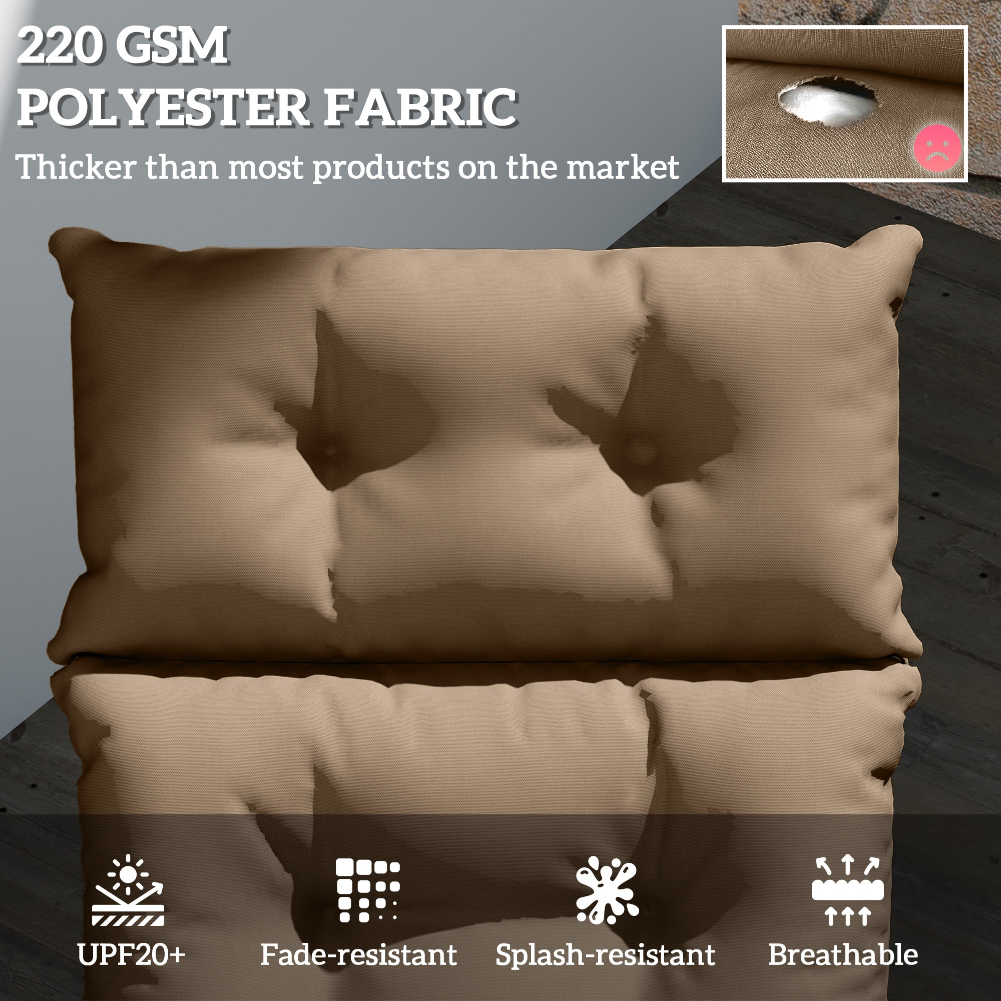 Set of 2 Sun Lounger Cushions with Ties - Khaki, UPF20+ Fabric