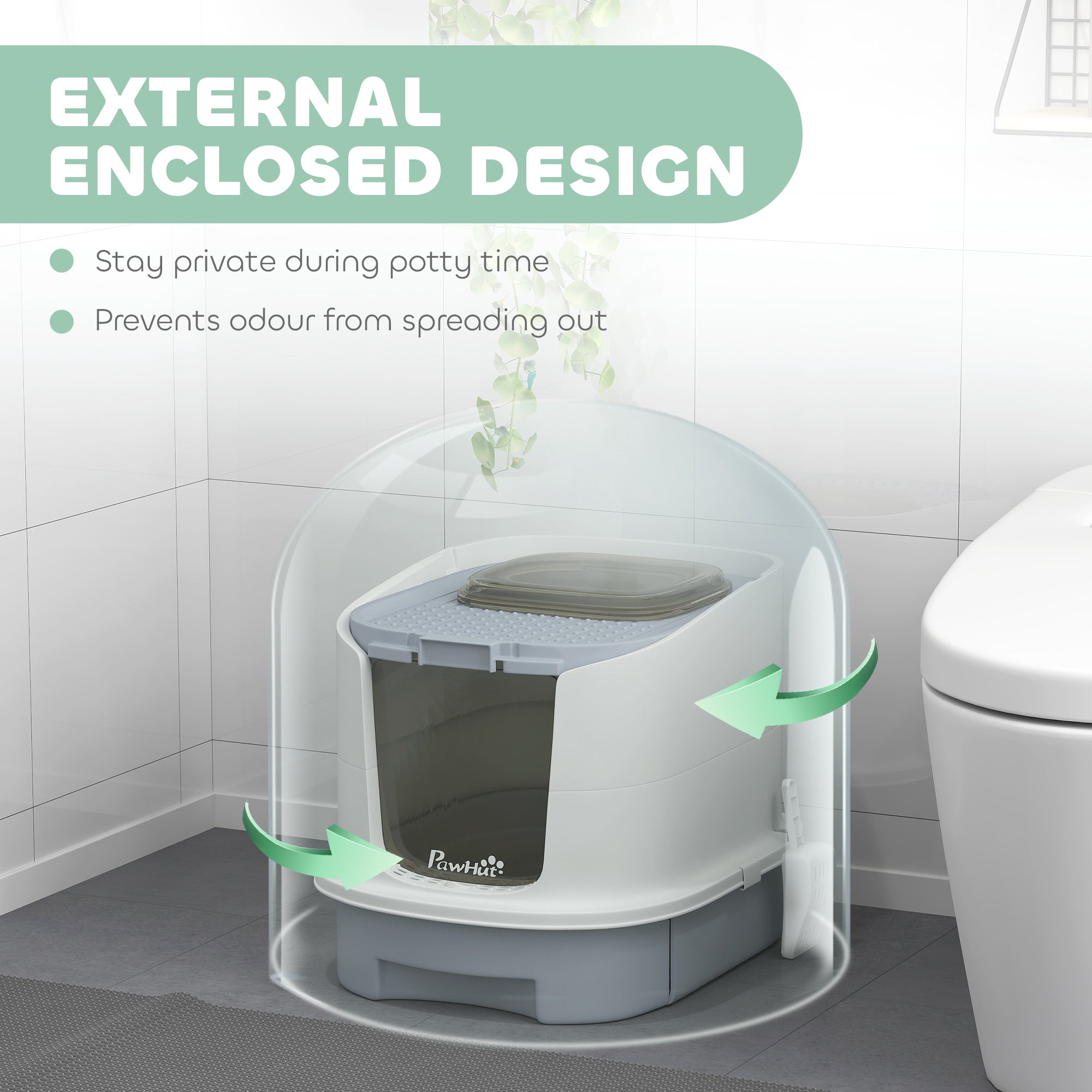 Top Entry Cat Litter Box with Lid, Scoop & Deodorisation Bags - Grey White Black