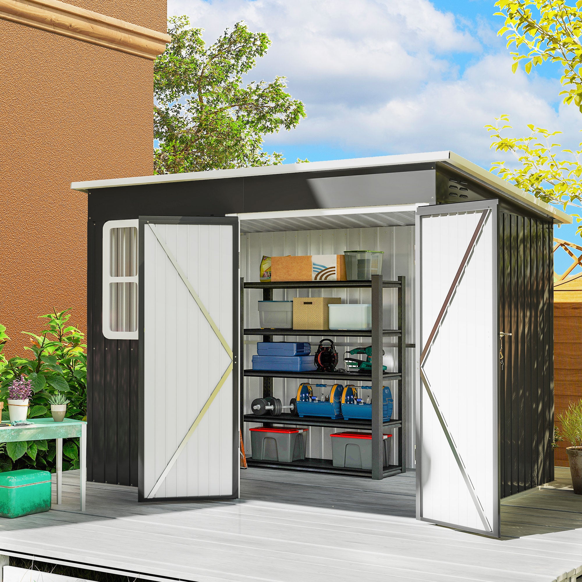 8.5 x 6ft Storage Shed Galvanised Steel Garden Shed, Metal Shed with Foundation Kit, Window, Lockable Wide Doors and Air Vents for Outdoor Patio, Dark Grey