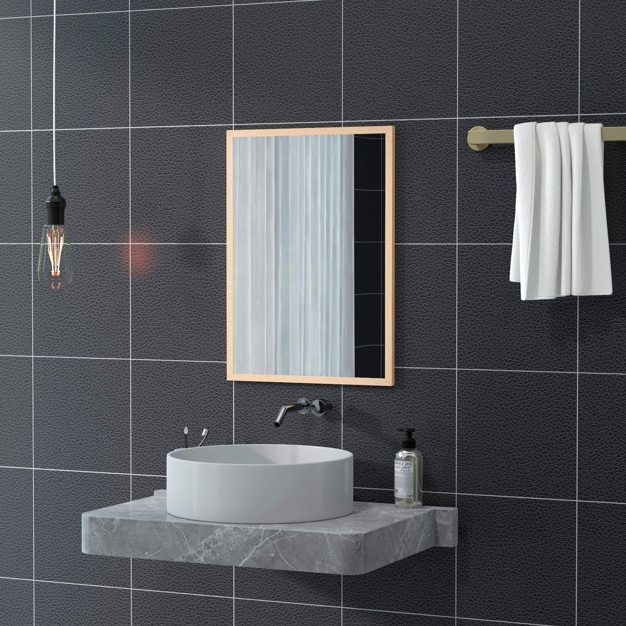 Wall Bathroom Mirror, 70 x 50 cm Wall-Mounted Mirror for Living Room, Bedroom, Hallway, Natural Wood