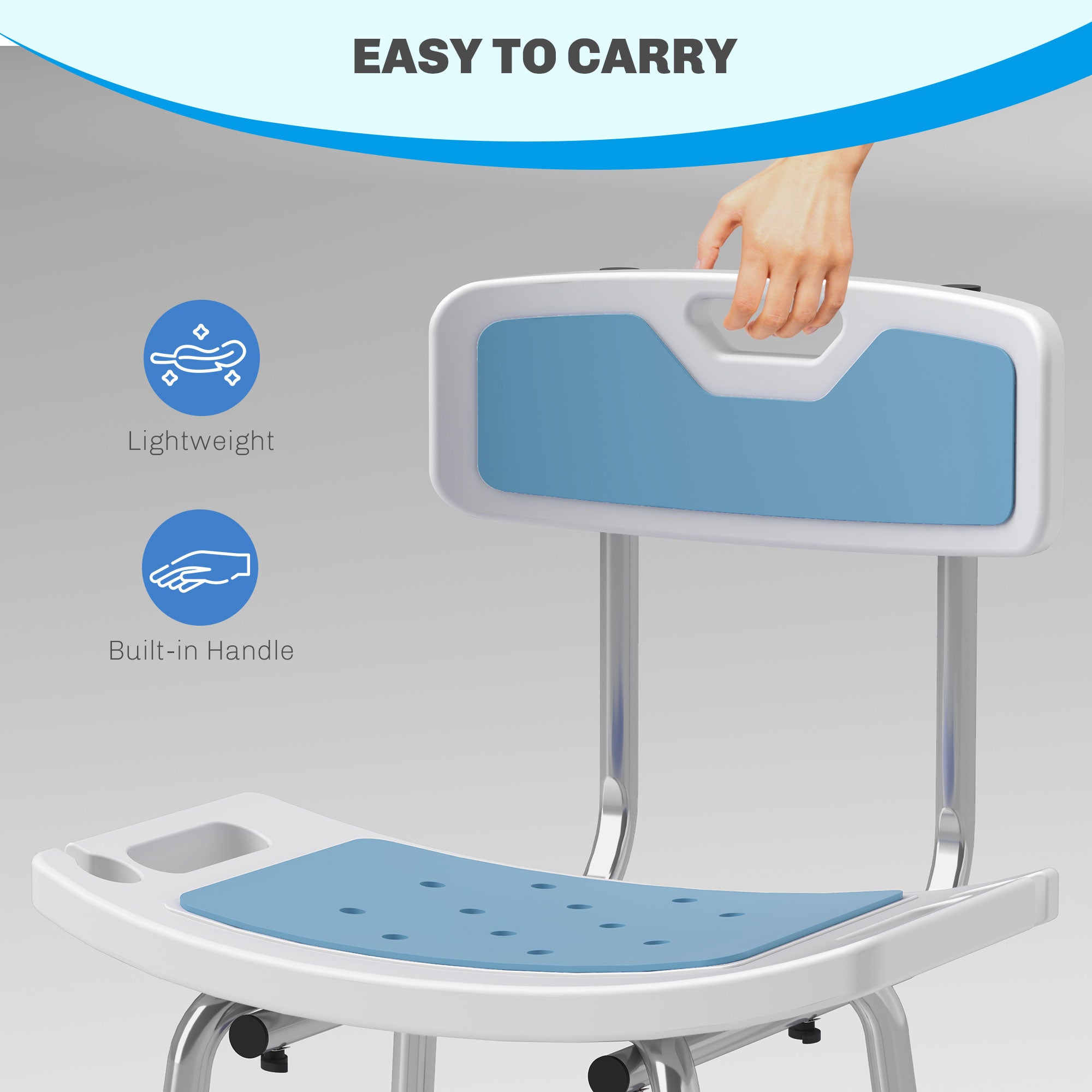 Shower Stool with Backrest, Height Adjustable Shower Chair with Anti-slip Foot Pads, Shower Head Holder, Light Blue