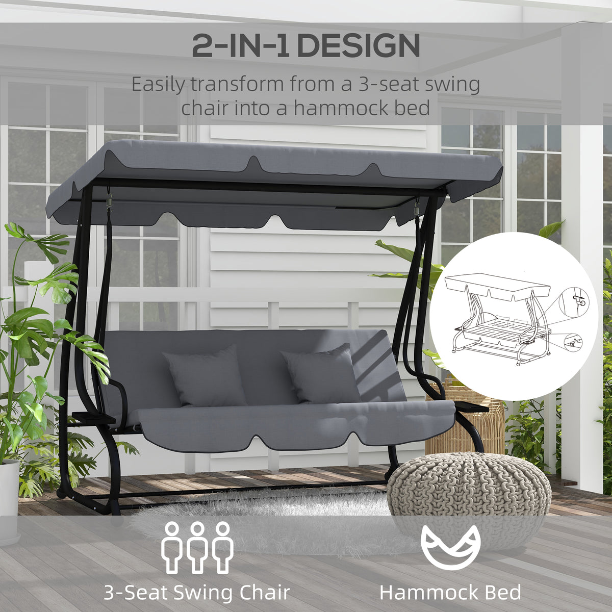 Three-Person garden Swing Chair, with Adjustable Canopy - Dark Grey