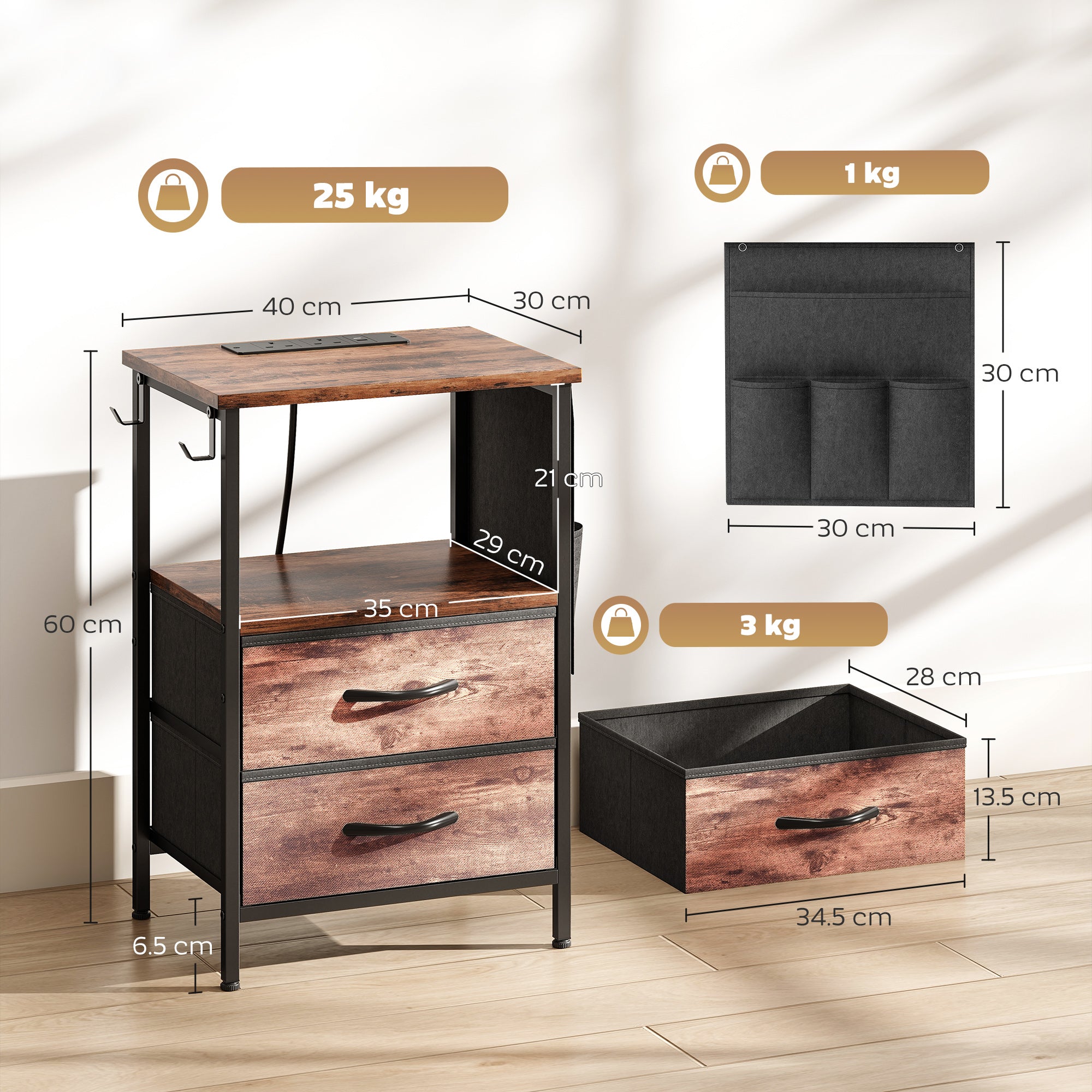 Bedside Table with Charging Station - Rustic Brown