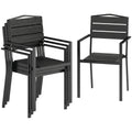 Stackable Garden Chairs Set of 4, Garden Dining Chairs with Slatted HDPE Seat Back, Armrests, Metal Frame, Black