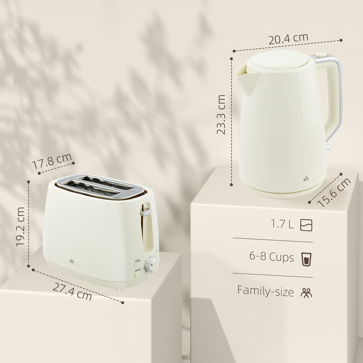 1.7L 3000W Fast Boil Kettle & 2-Slice Toaster Set with 7 Browning Levels, Defrost & Reheat - Cream White