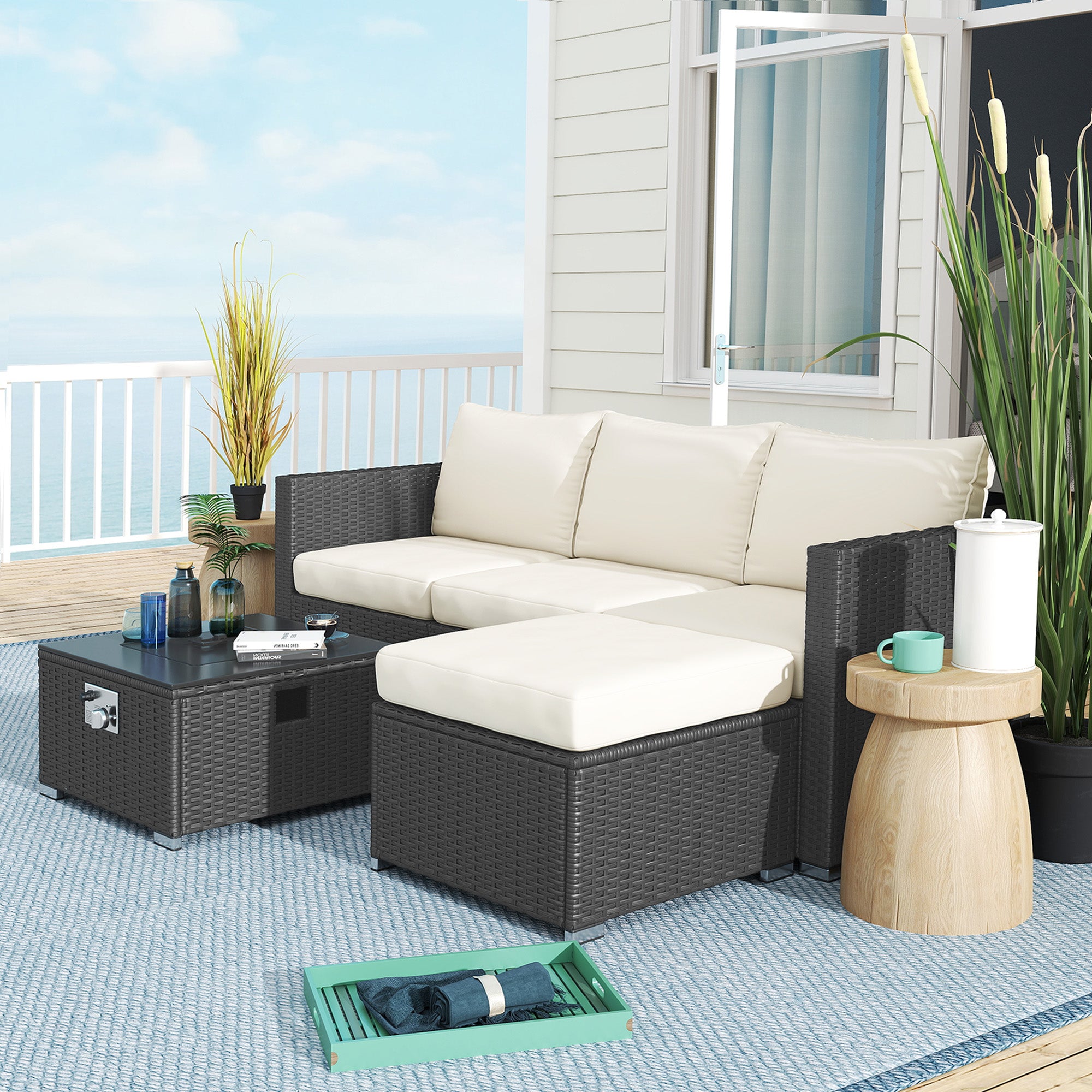 Five Piece Rattan Garden Furniture Set with Gas Fire Pit Table and Footstool - Black and Cream White