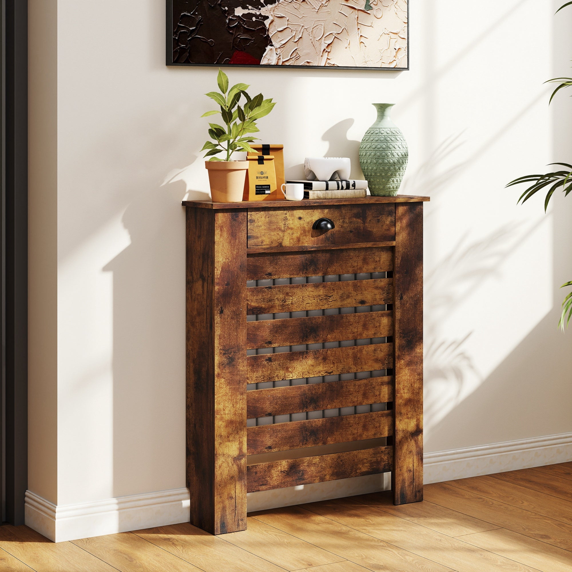 95.5H x 78Wcm Radiator Cover, with Drawer - Rustic Brown
