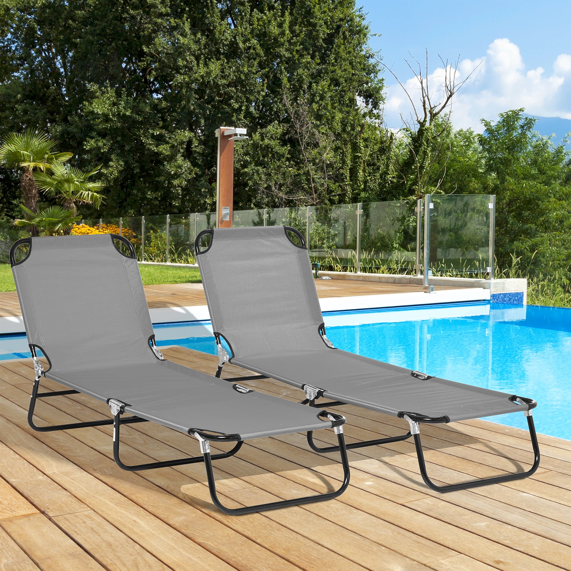 Set of 2 Folding Outdoor Sun Loungers with 5-Position Adjustable Backrest - Dark Grey