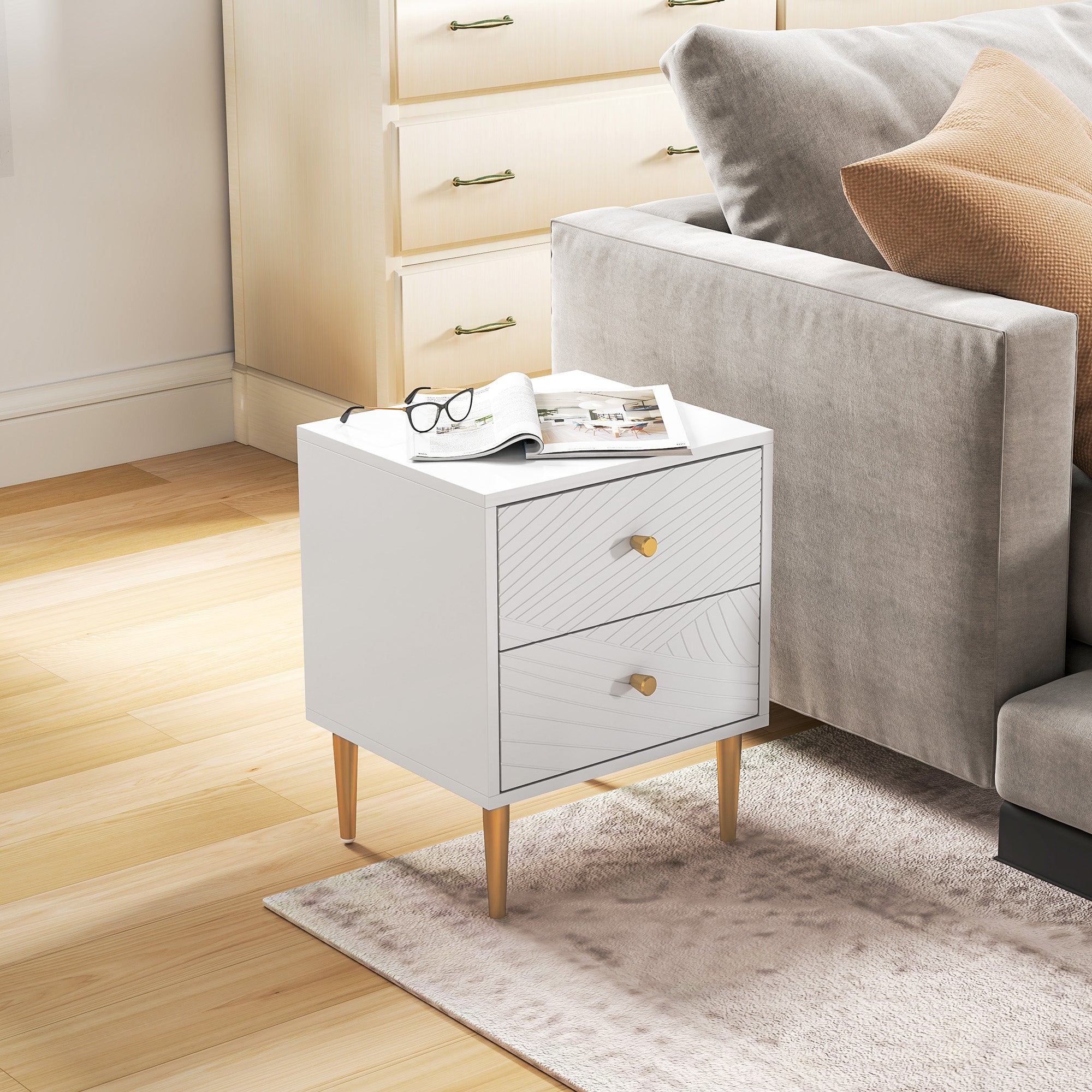 Two-Drawer Bedside Table with Gold-Tone Handles and Legs - White