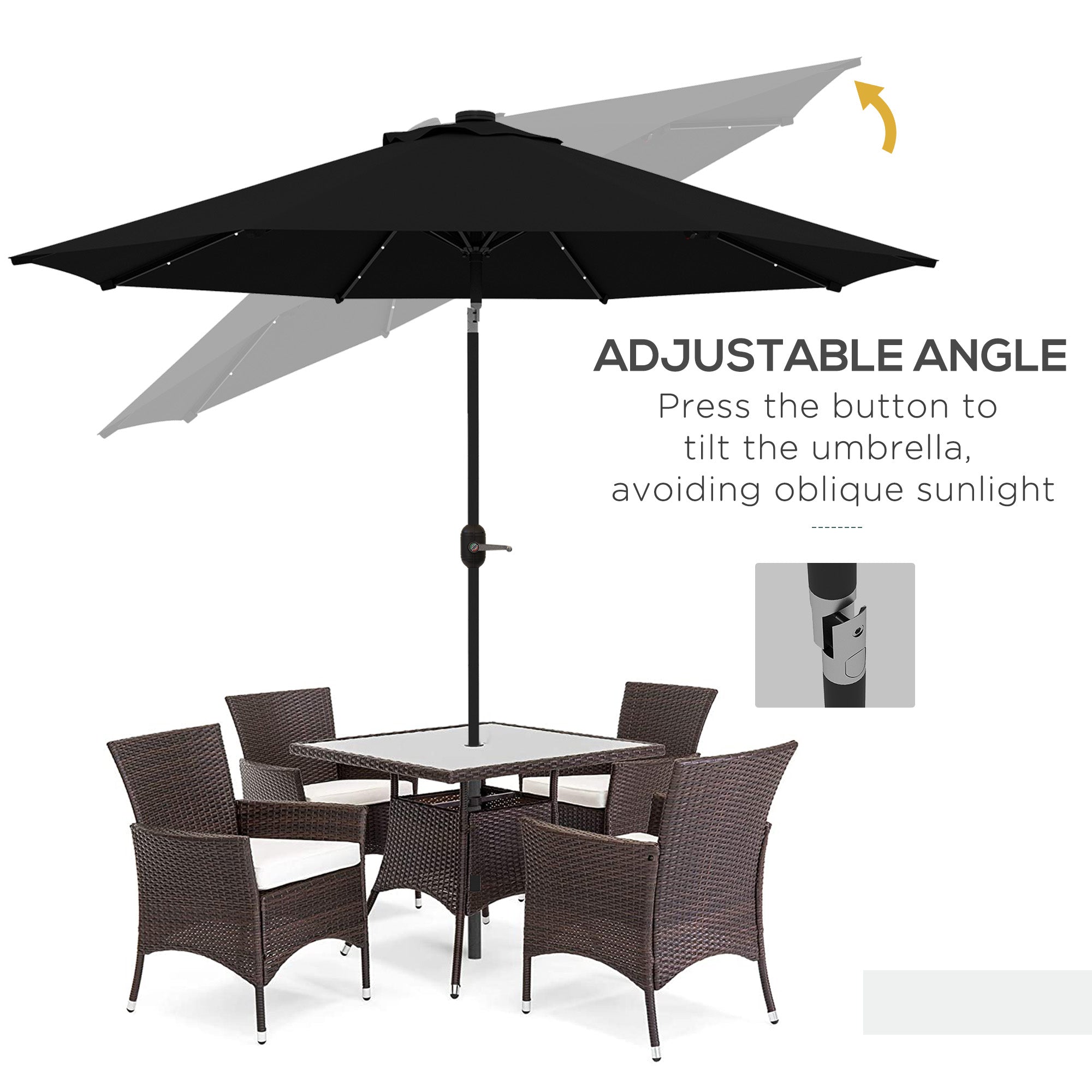 2.7m Outdoor Patio Garden Umbrella Parasol with Tilt Crank and 24 LEDs Lights, Black