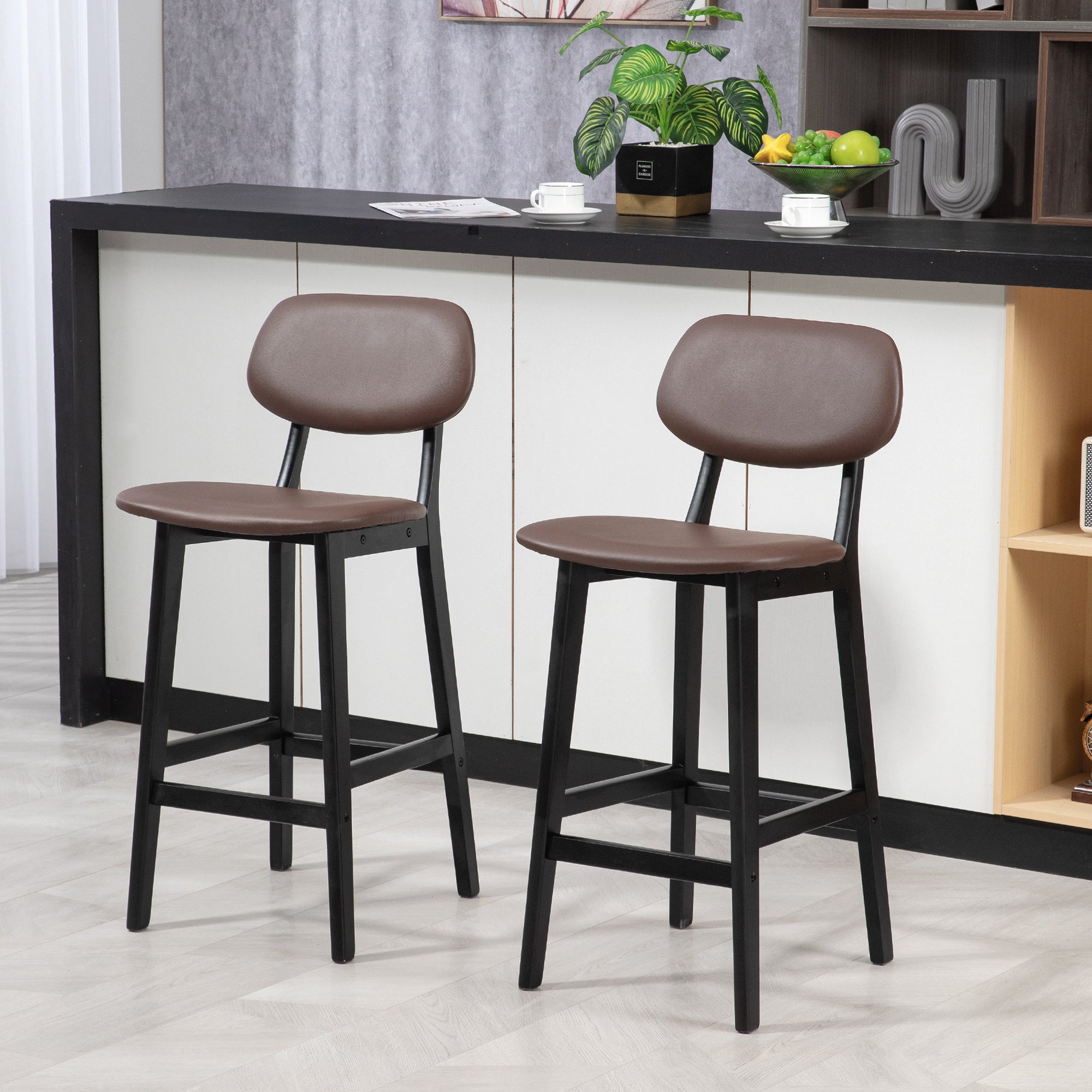 Bar Stools Set of 2, Contemporary Breakfast Bar Chairs, Faux Leather Upholstered Kitchen Stools with Backs and Solid Wood Legs, Brown