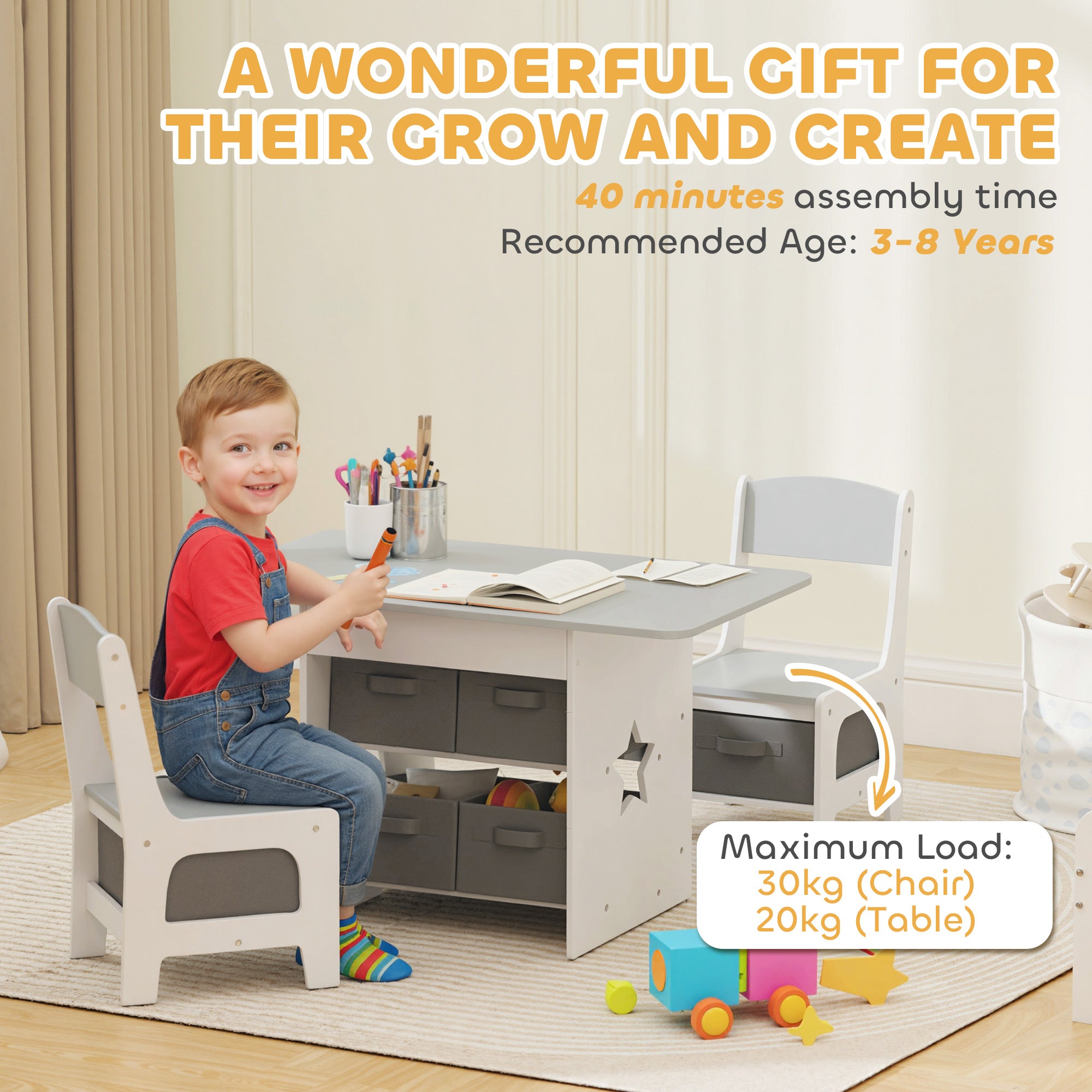 Kids Table and Chair Set, Toddler Table and 2 Chairs Set with 6 Removable Drawers, for Boys Girls Ages 3-8, Light Grey
