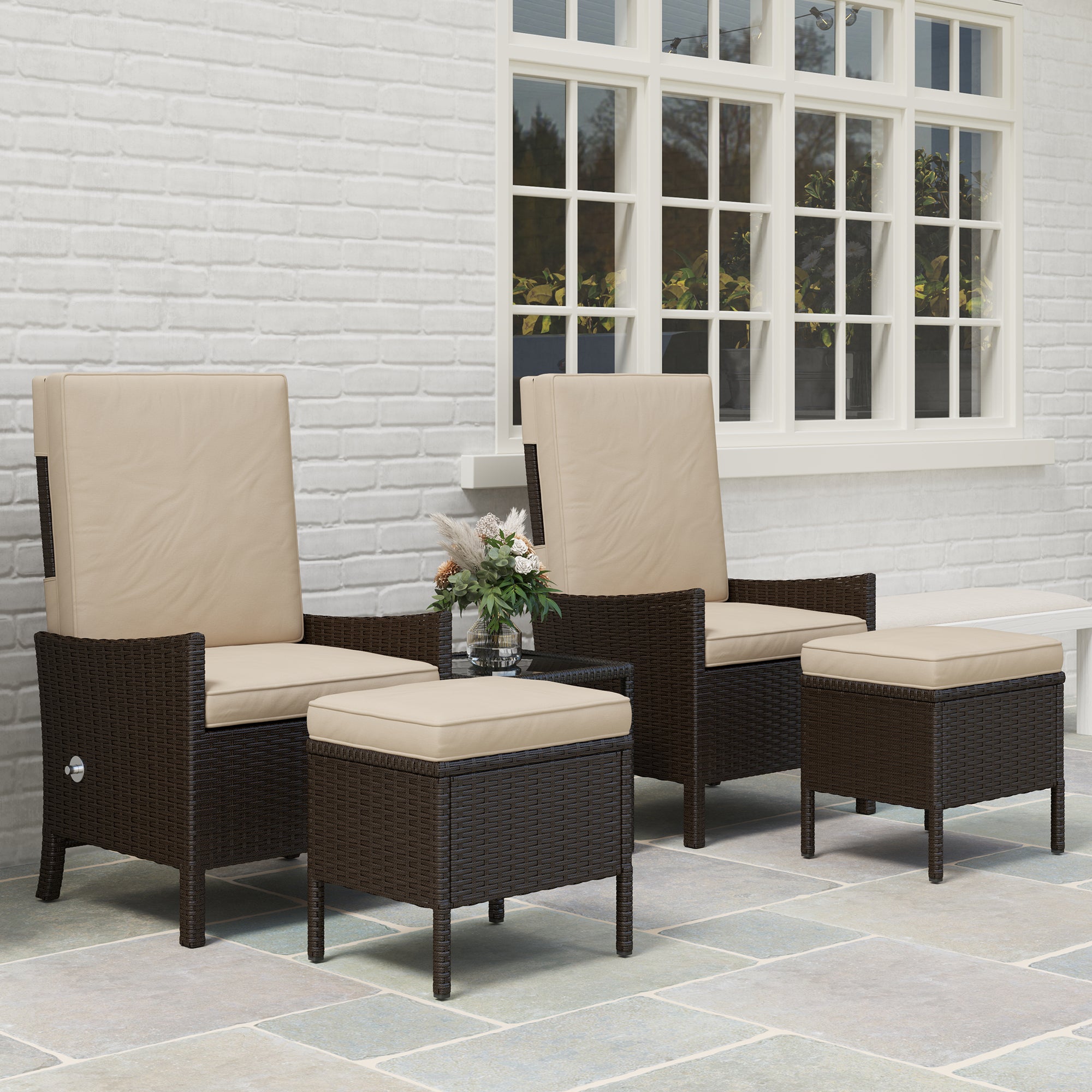 5 Piece Rattan Garden Furniture Set with Cushions and Glass Table Khaki