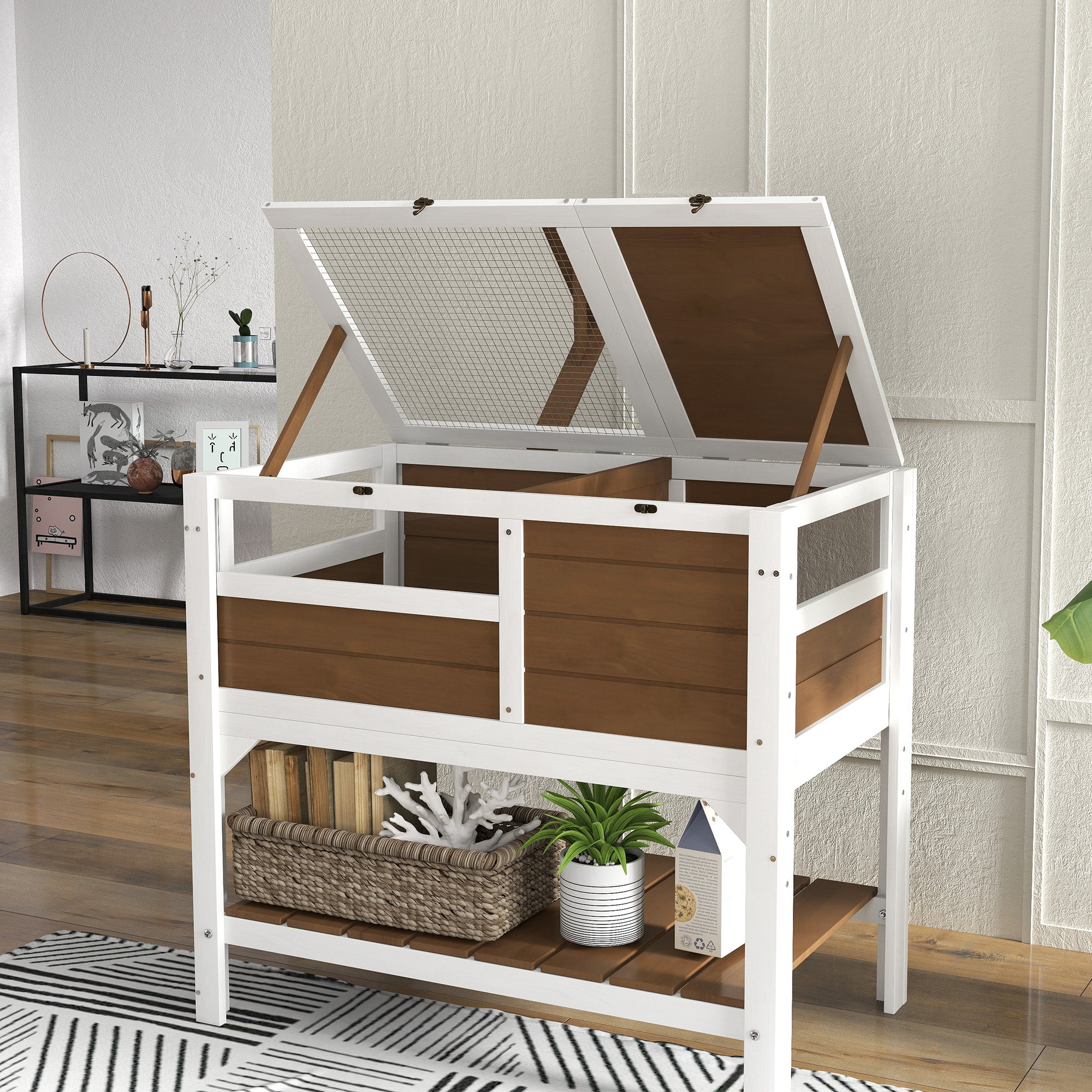 Wooden Tortoise House with Shelter, Run, Shelf, Lamp Holder, and Tray - Brown