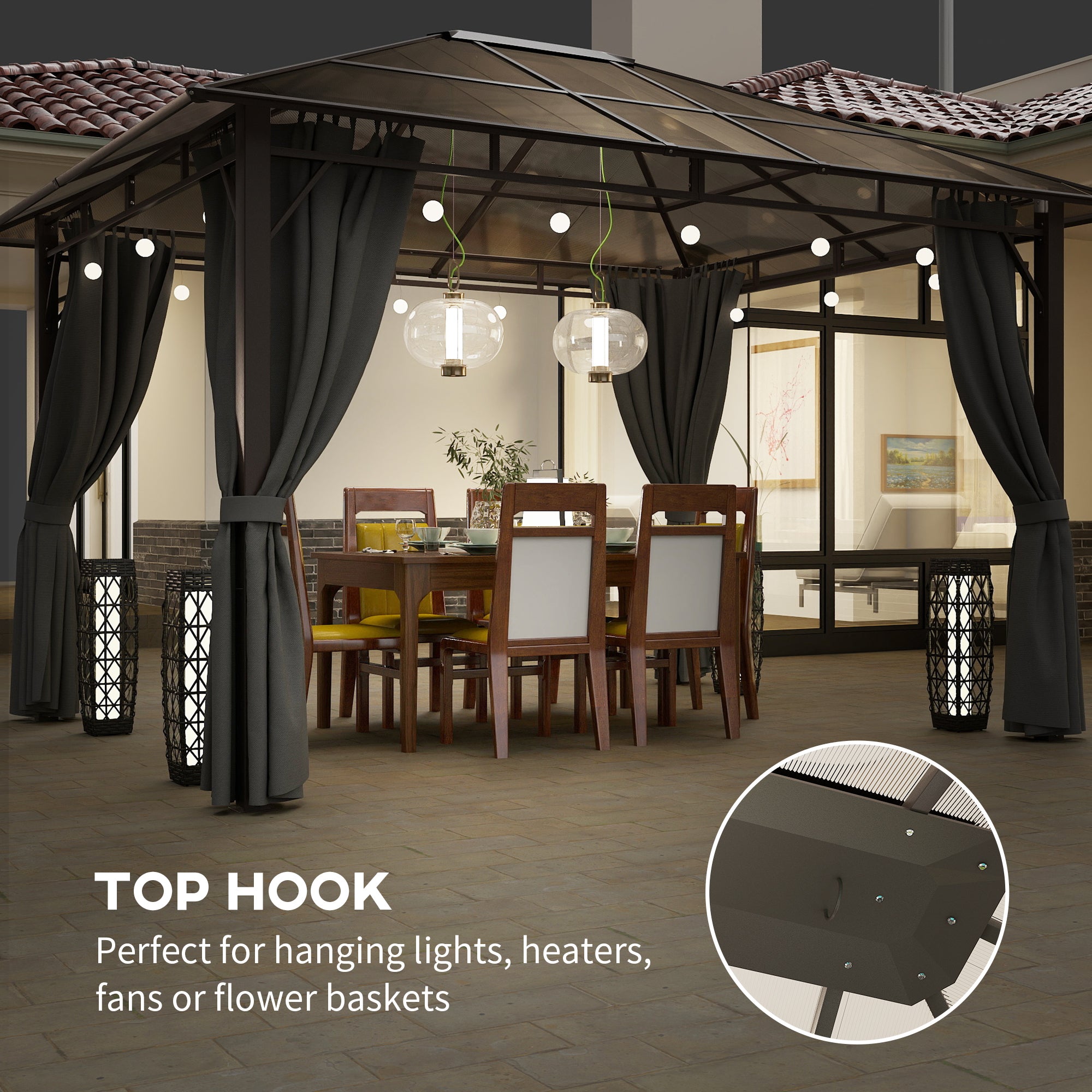 3.6 x 3 Metre Hardtop Gazebo with Polycarbonate Roof and Curtains - Dark Grey