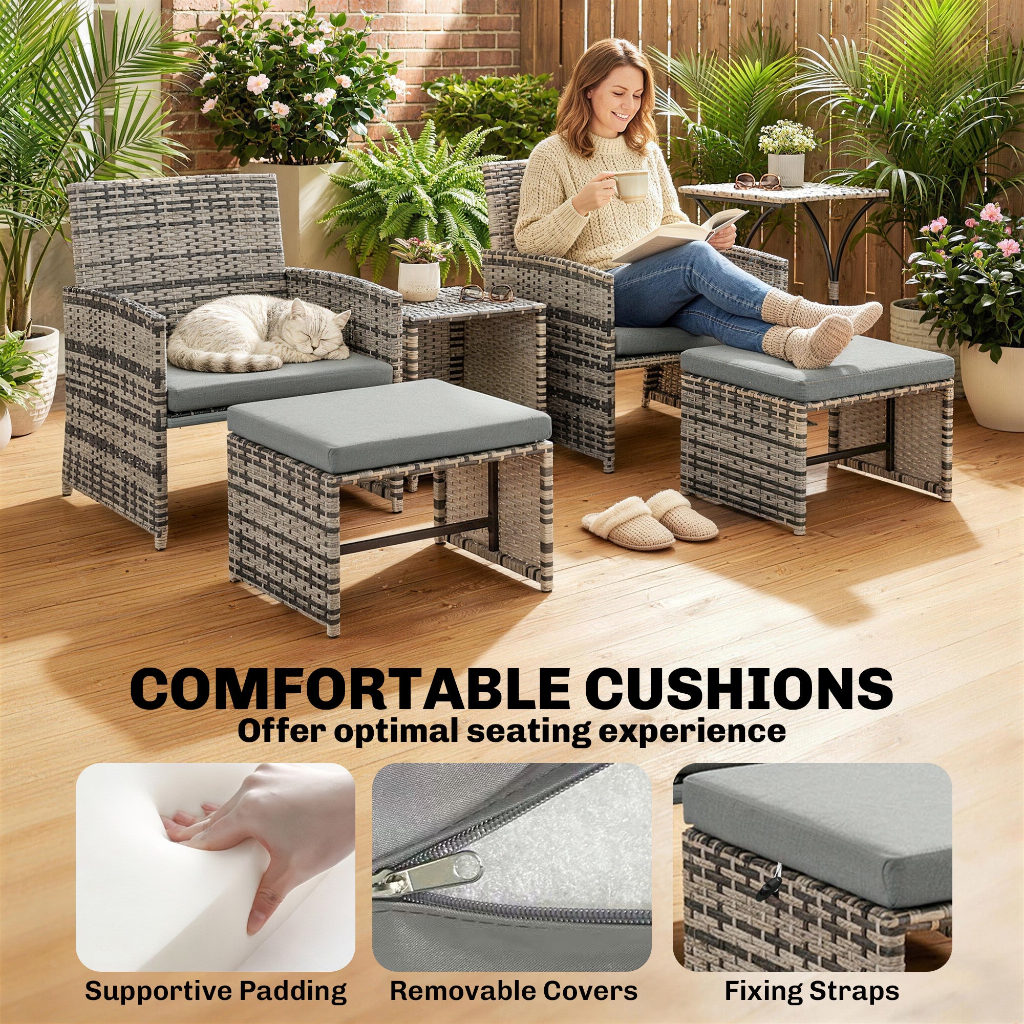 6 Piece Rattan Garden Furniture, Space-Saving Patio Furniture Set with Nesting Tables, Chairs, Stools, Cushions, Grey