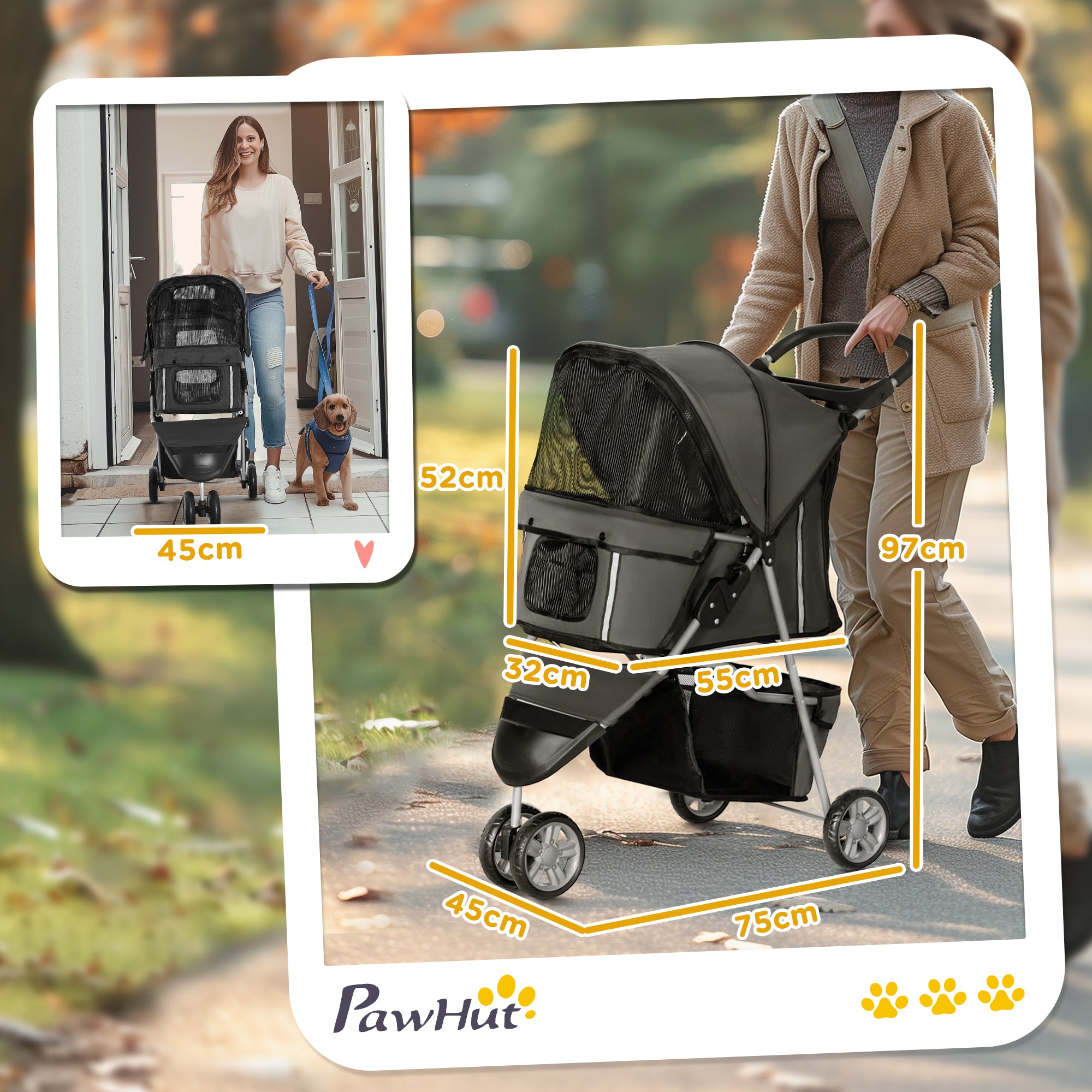 3 Wheel Pet Stroller for Small and Miniature Dogs, Charcoal Grey