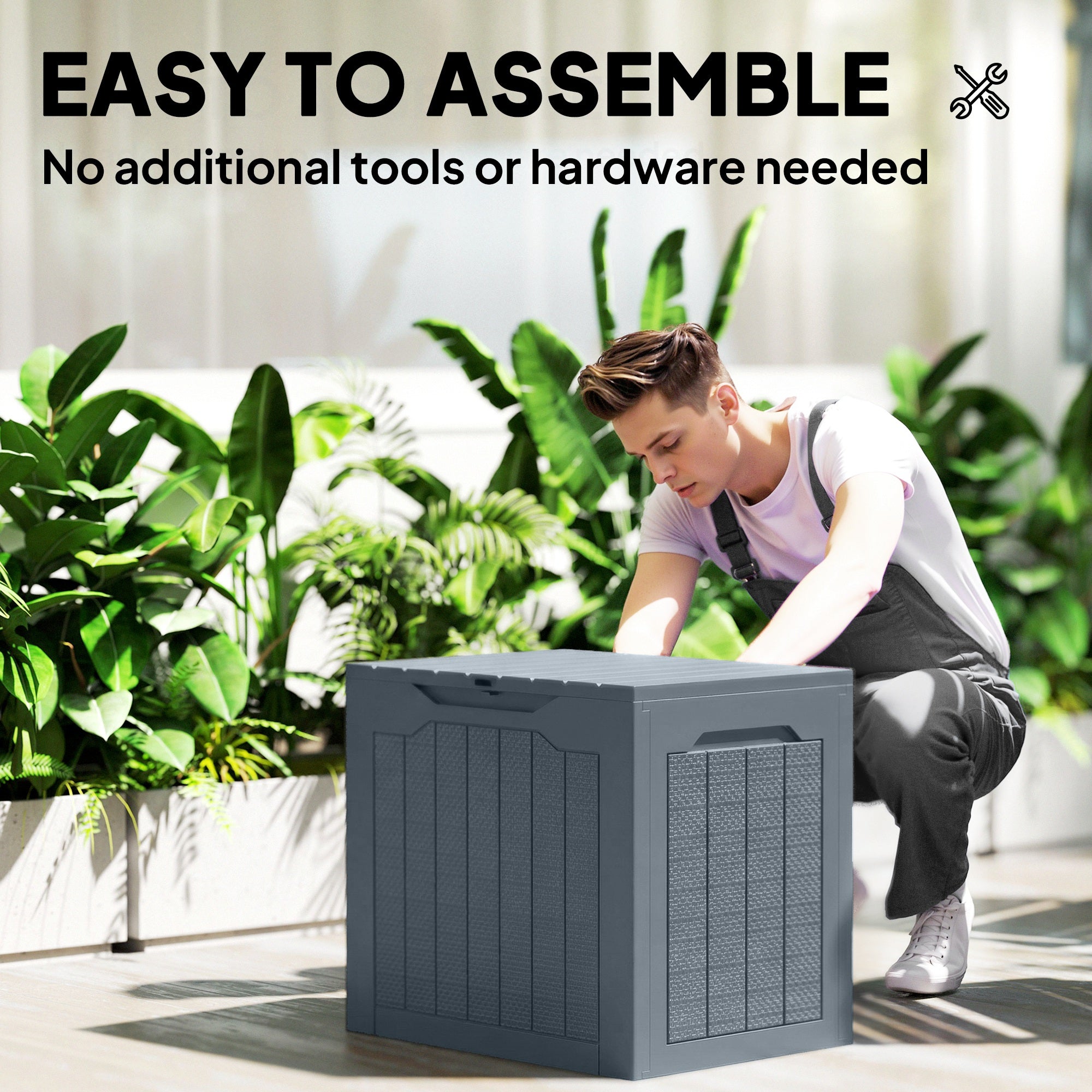 93L Plastic Garden Storage Box, Outdoor Storage Box with Handles, Waterproof Outdoor Storage Container, Light Grey