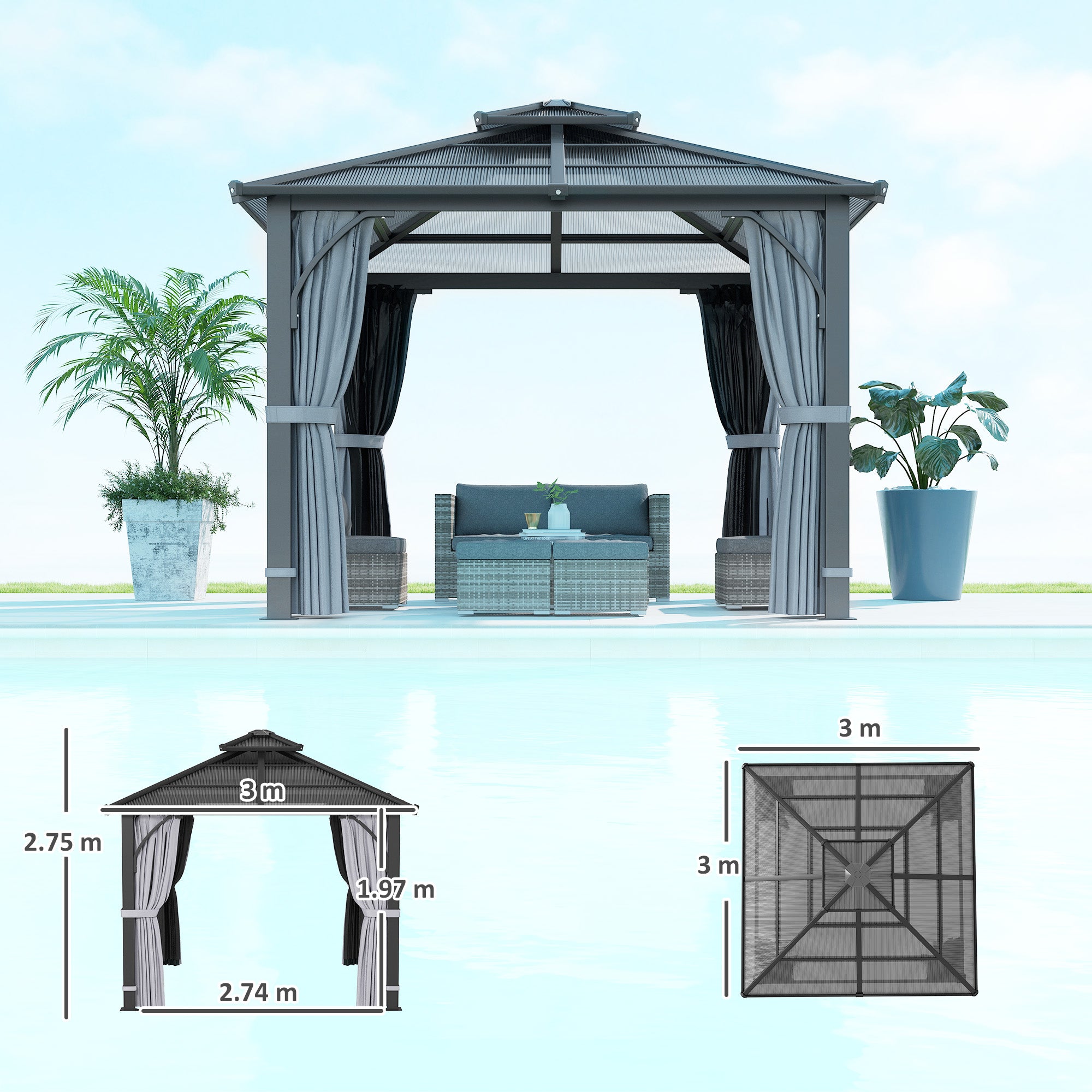 3 x 3m Hardtop Gazebo Canopy with 7mm Double Polycarbonate Roof, Mosquito Netting & Curtains - Dark Grey
