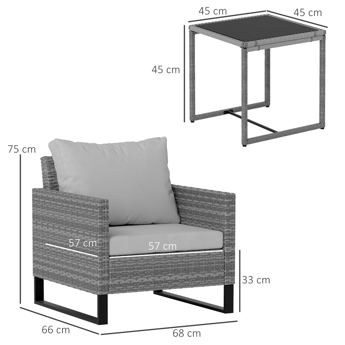 3 Piece Grey Rattan Bistro Set with Cushions and Glass Top Table