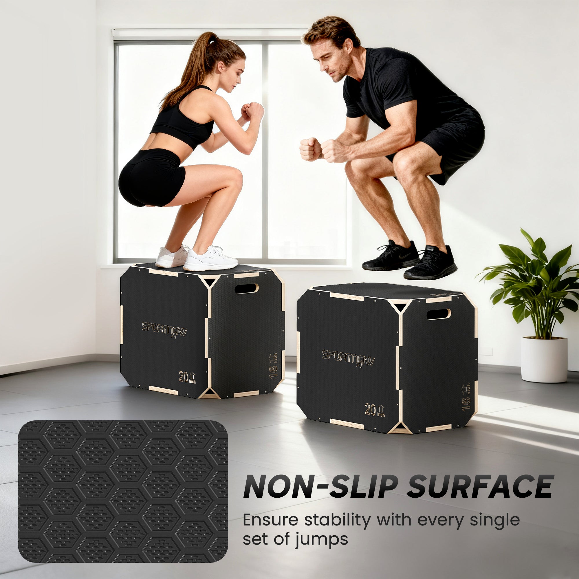 Non-Slip Plyo Box, Corner-free Wooden Jump Box, 41 x 61 x 51 cm