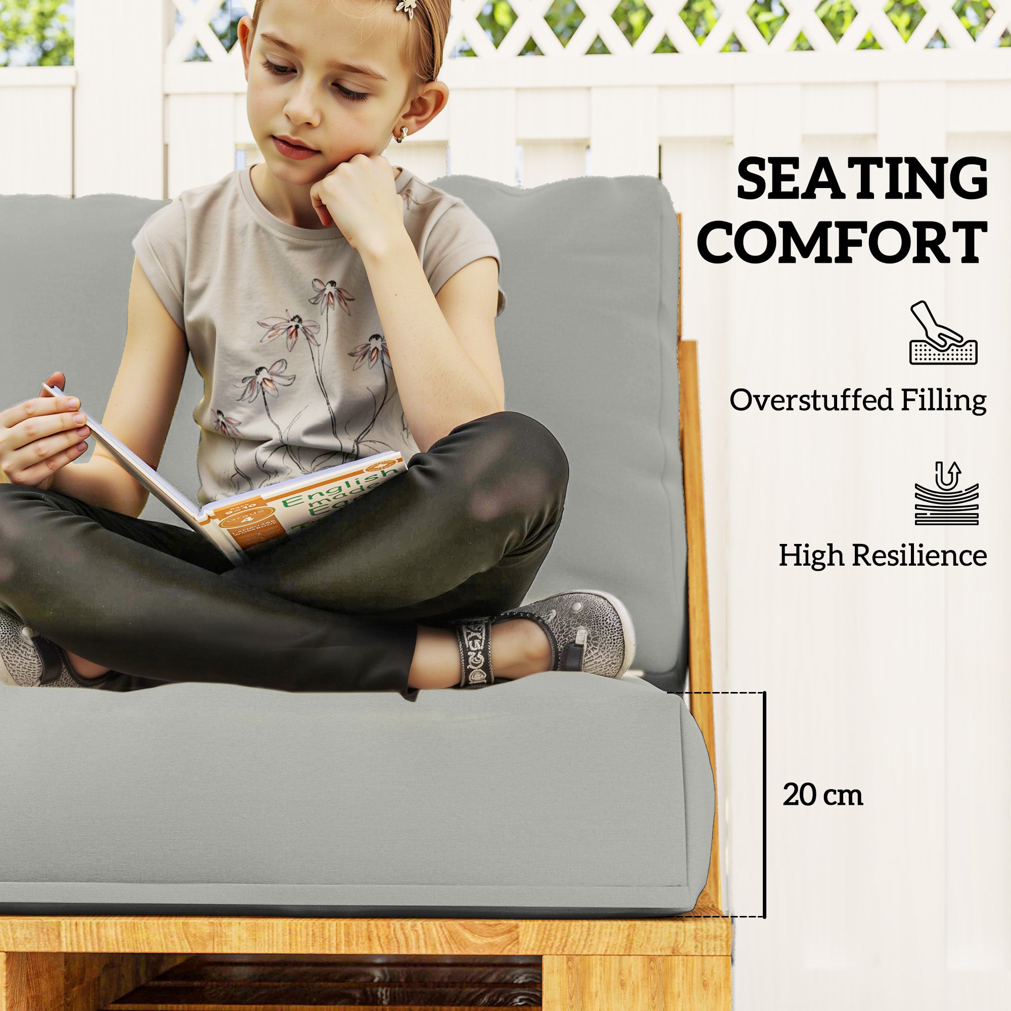 2 Seater Pallet Furniture Cushions Pallet Cushions, UPF20+ 220gsm Fabric, 20 cm Thick Outdoor Seat Pads, Light Grey