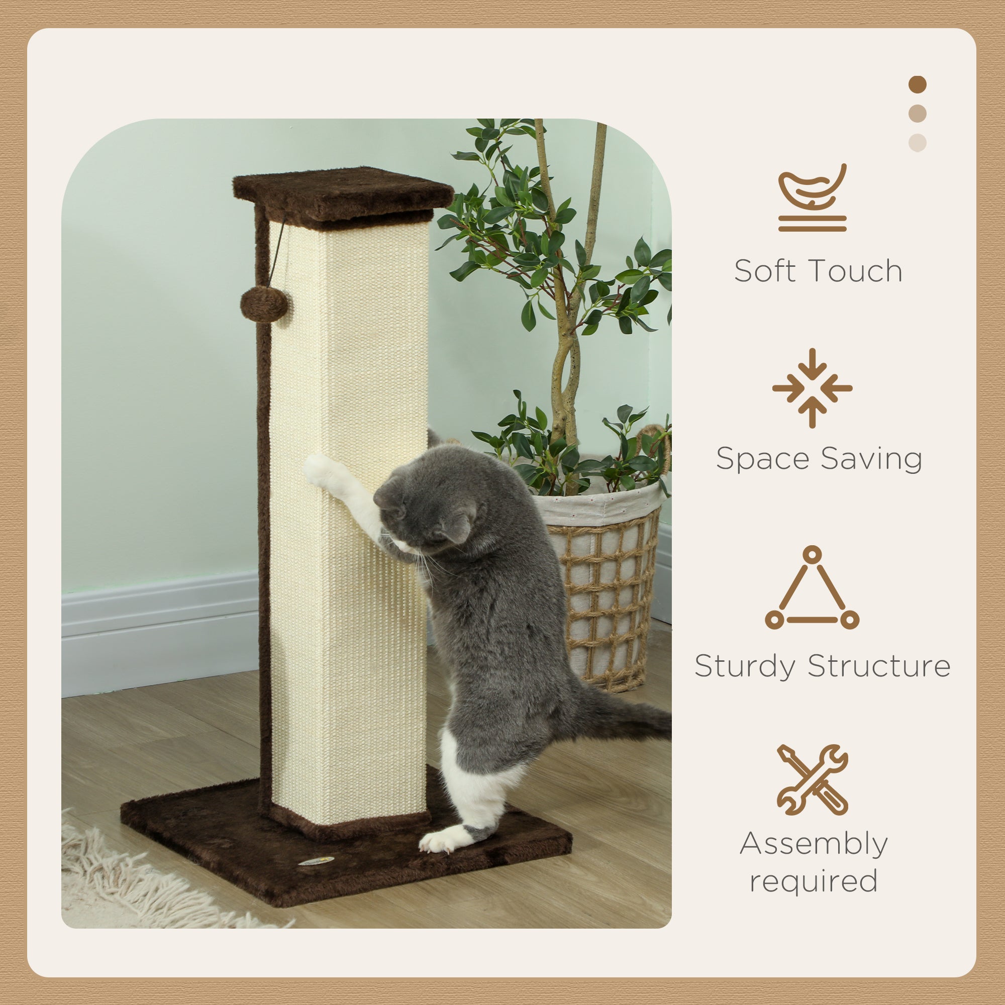 81cm Vertical Cat Scratcher with Sisal Rope, Hanging Ball & Plush - Brown
