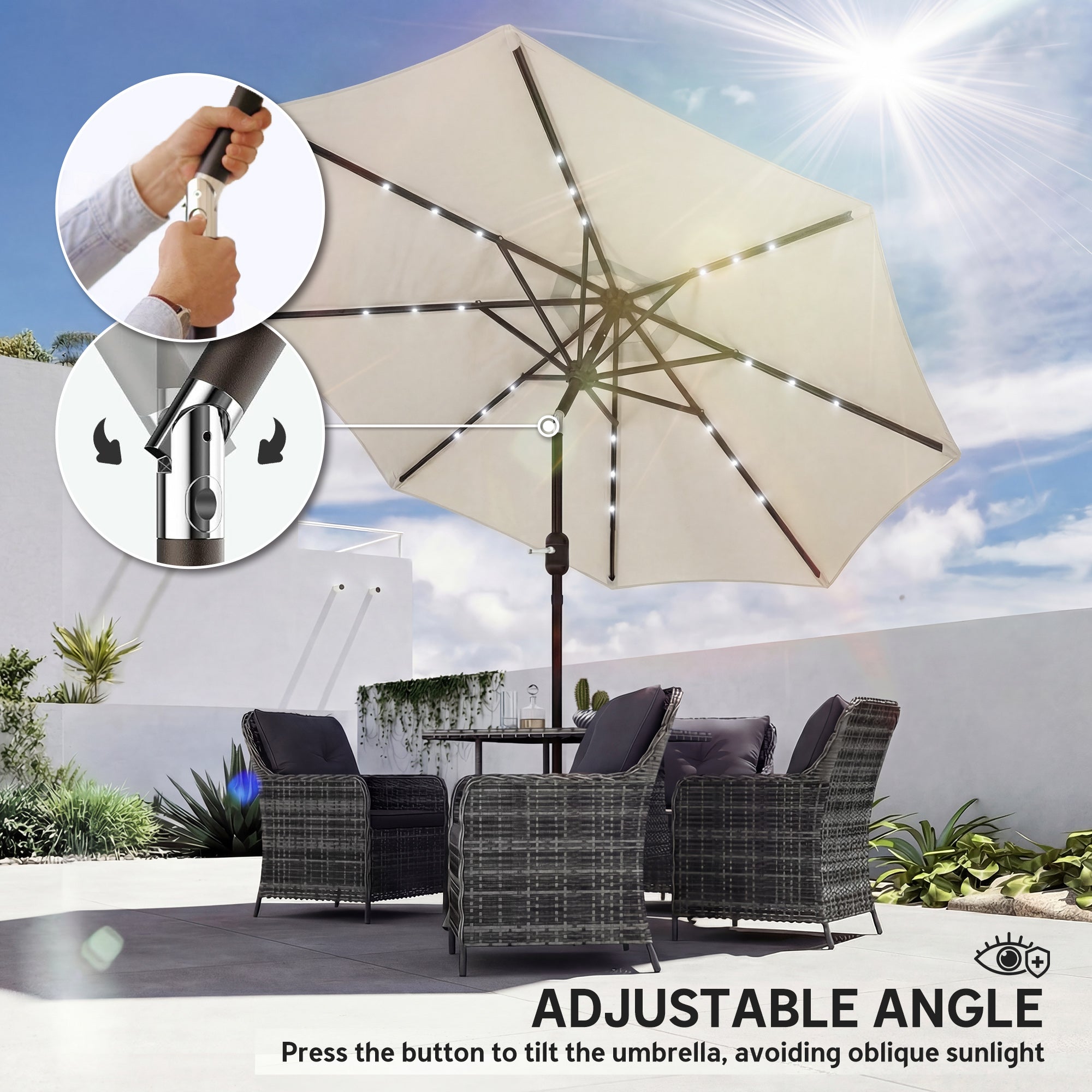 2.6 m Garden Parasol Umbrella with LED Solar Light, Parasol Cover, Outdoor Market Patio Umbrella, Cream White