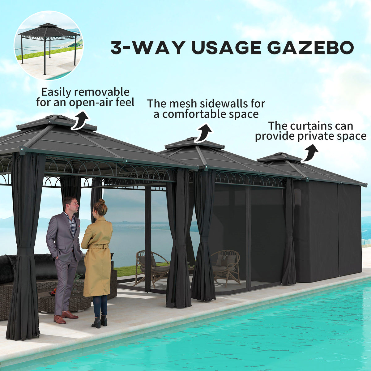3 x 3 m Outdoor Polycarbonate Double Roof Gazebo with Steel Frame, Nettings & Curtains - Dark Grey