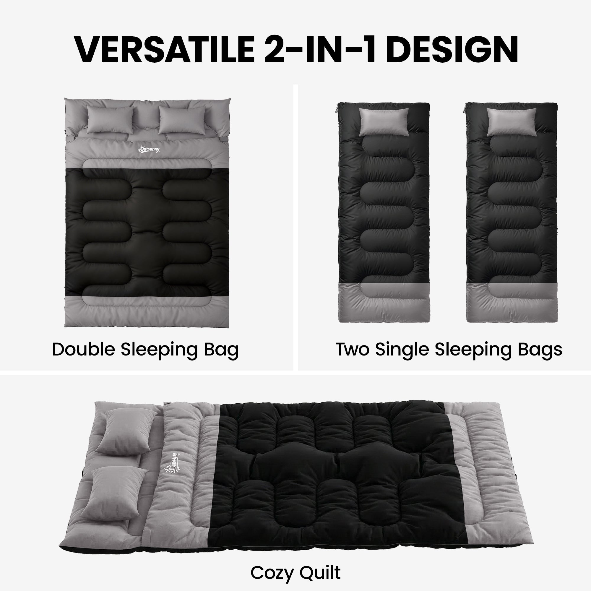 Double Sleeping Bag with 2 Pillows, 220 x 160 cm Extra-Large Sleeping Bag for Adults, Black and Grey