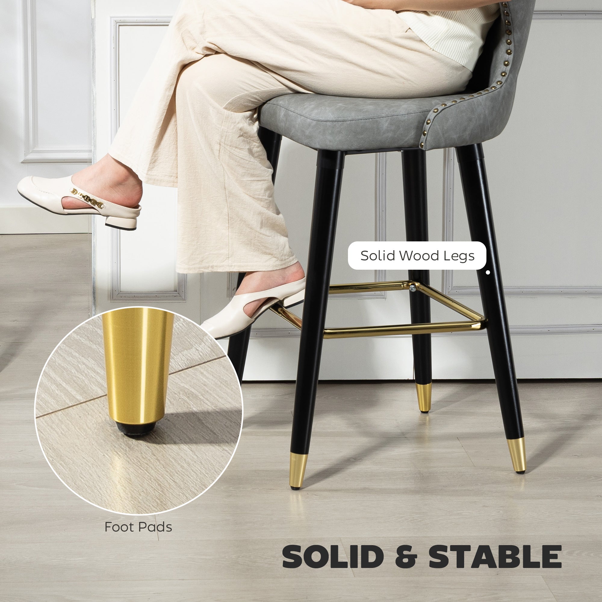 Bar Stools Set of 2, PU Leather Barstools with Back, Footrest and Wood Legs for Kitchen, Counter, Breakfast Bar, Grey