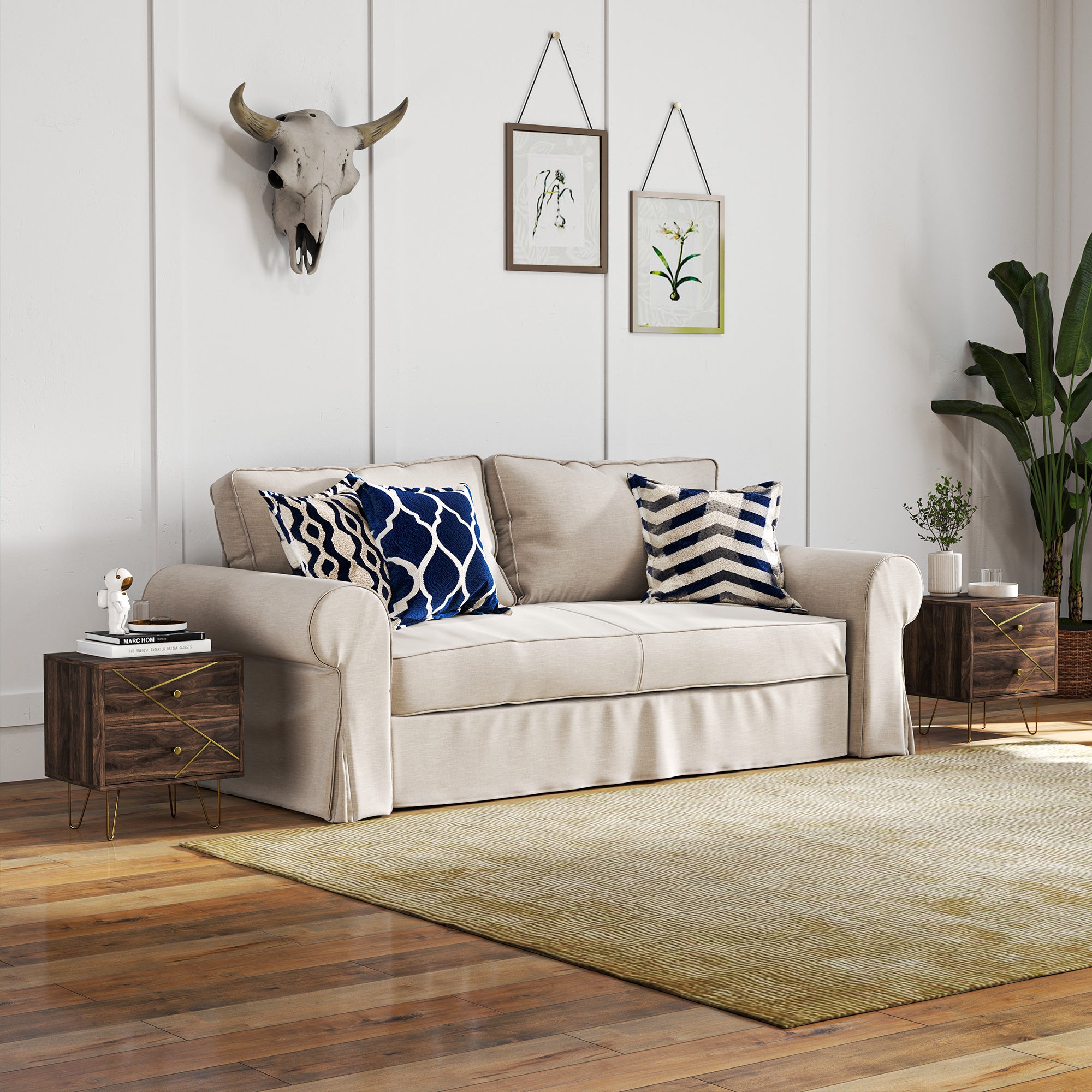 Bedside Tables Set of 2, Modern Side Table Set with 2 Drawers and Steel Hairpin Legs, Nightstand for Bedroom, Brown Wood Grain