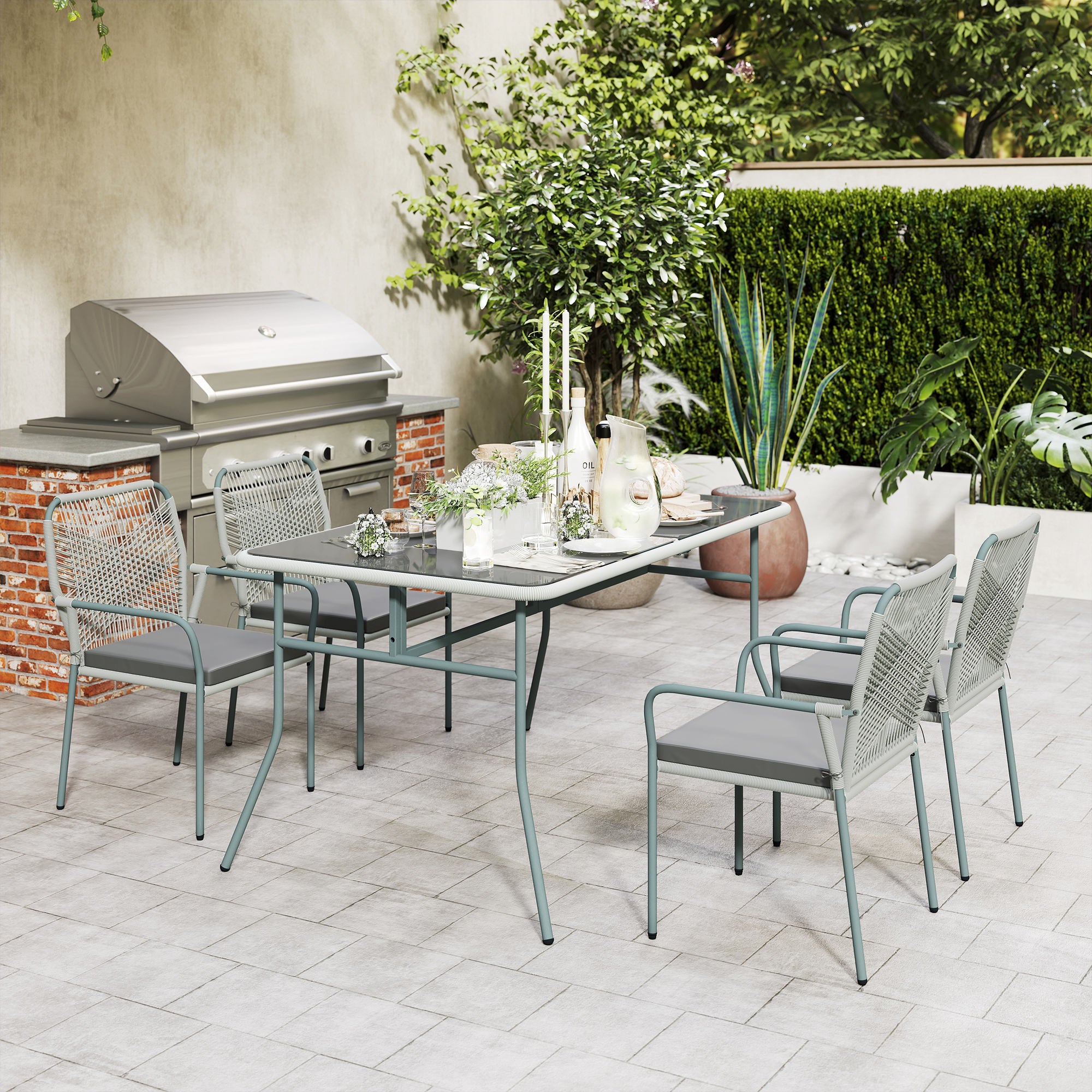 Five-Piece PE Rattan Garden Dining Set with Cushions & Stackable Chairs - Light Grey