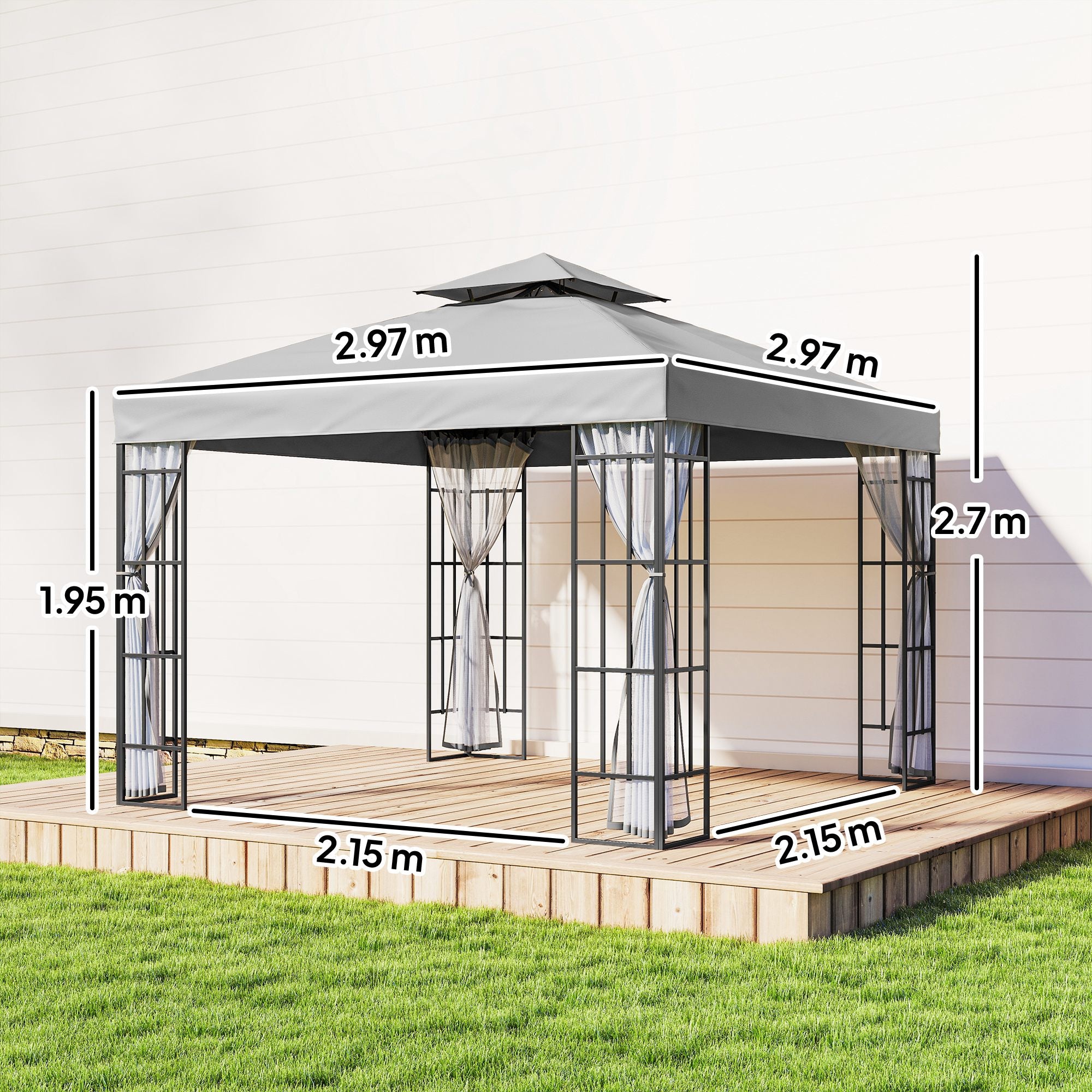 3 x 3(m) Patio Gazebo Canopy Garden Pavilion Tent Shelter with 2 Tier Roof and Mosquito Netting, Light Grey