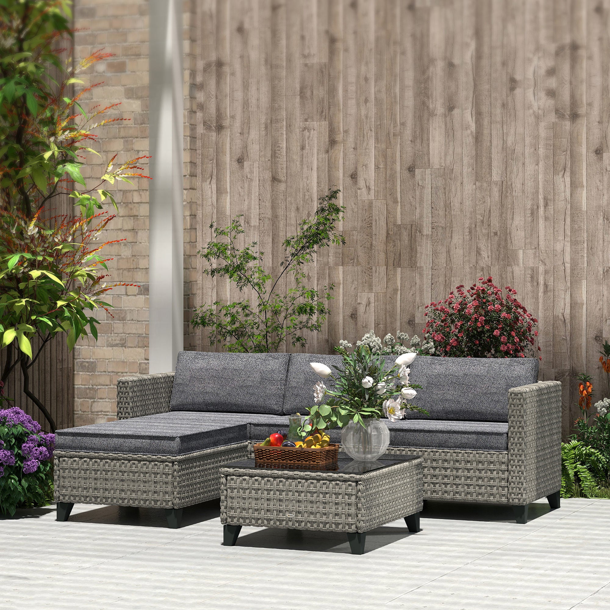 5 Piece Rattan Patio Furniture Set with Cushions - Dark Grey