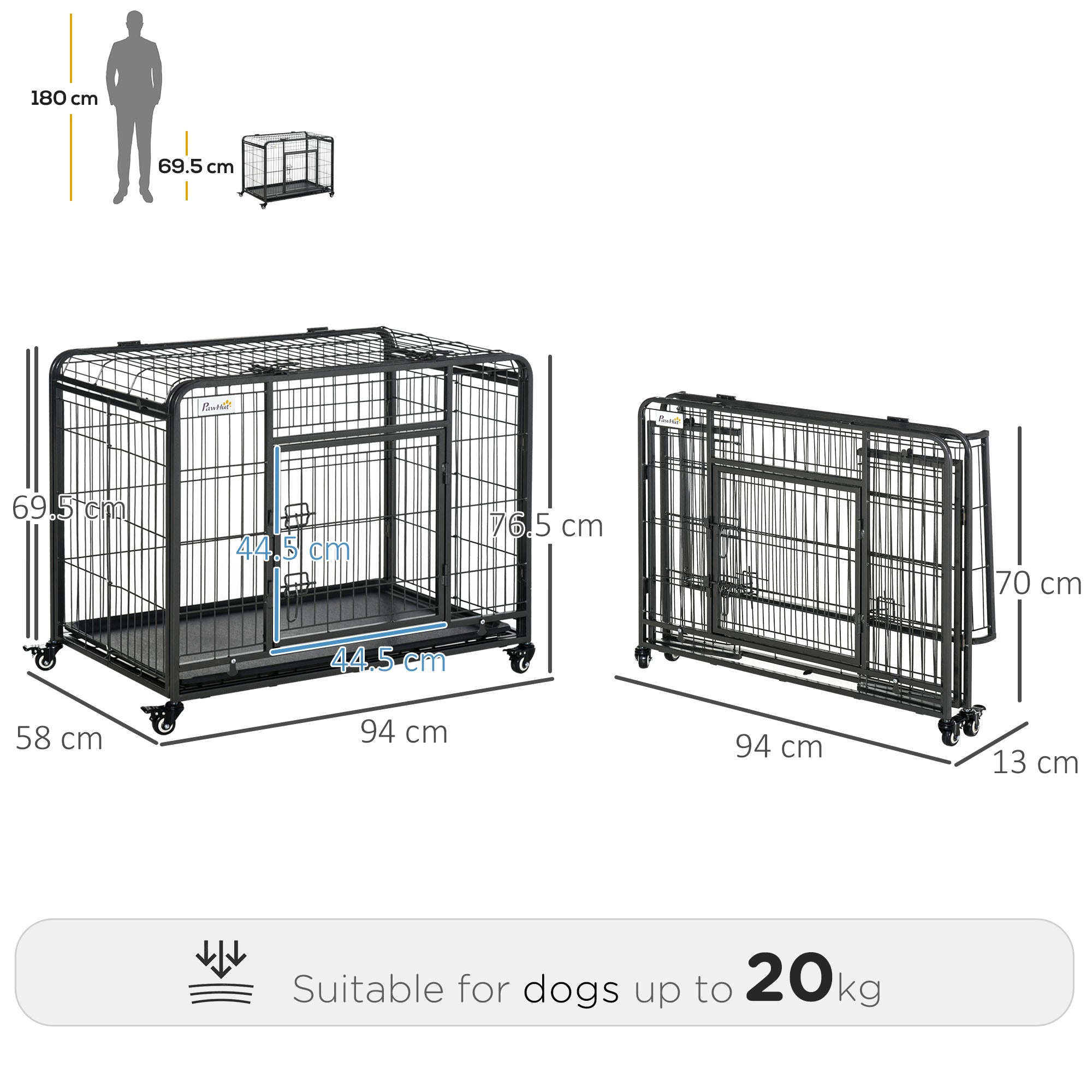 Metal Dog Cage Kennel Locking Door & Wheels Removable Tray Openable Top For Medium Pets 94 x 58 x 69.5 cm