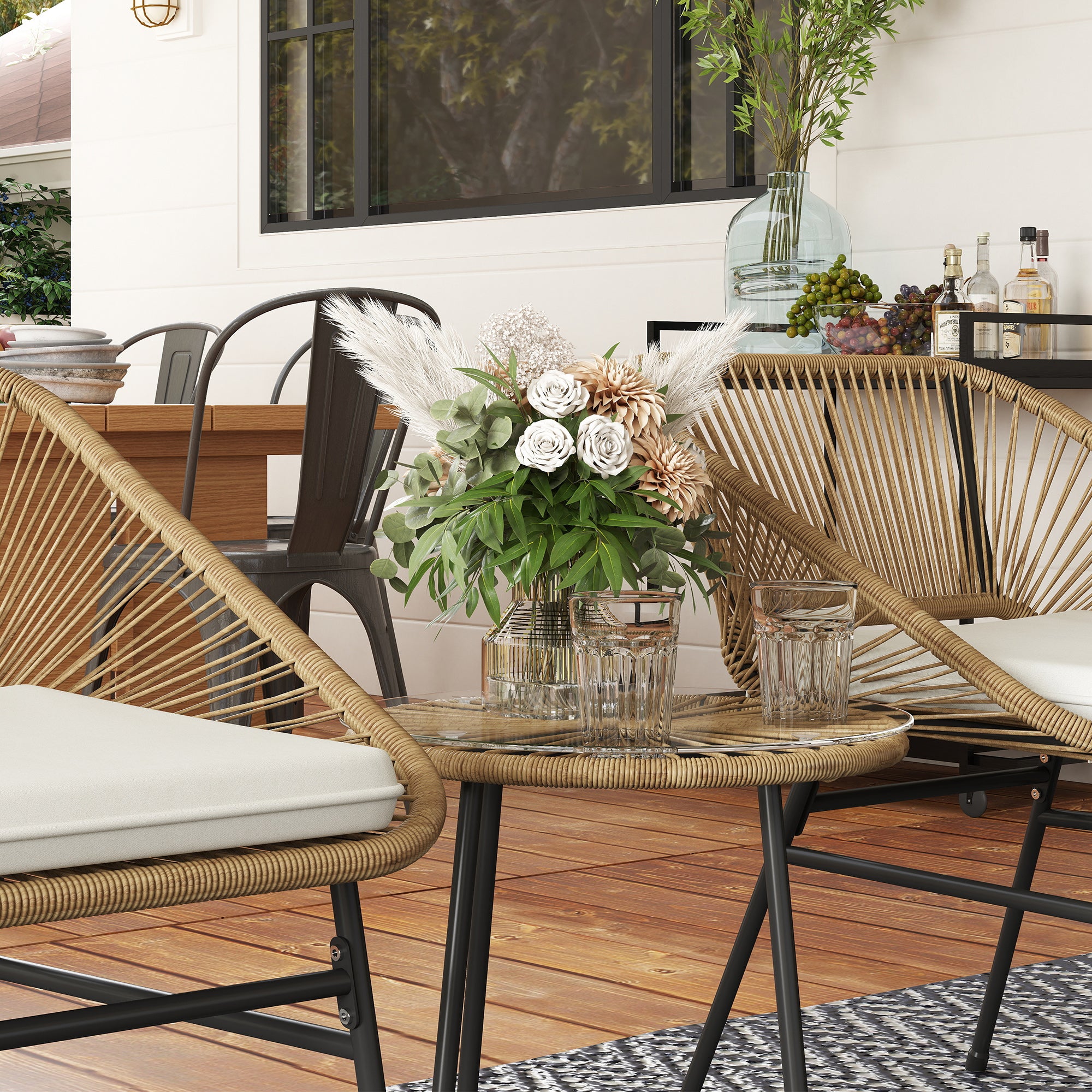 3 Pieces Rattan Bistro Set with Cushions and Glass Top Table for Outdoor Patio Balcony - Natural