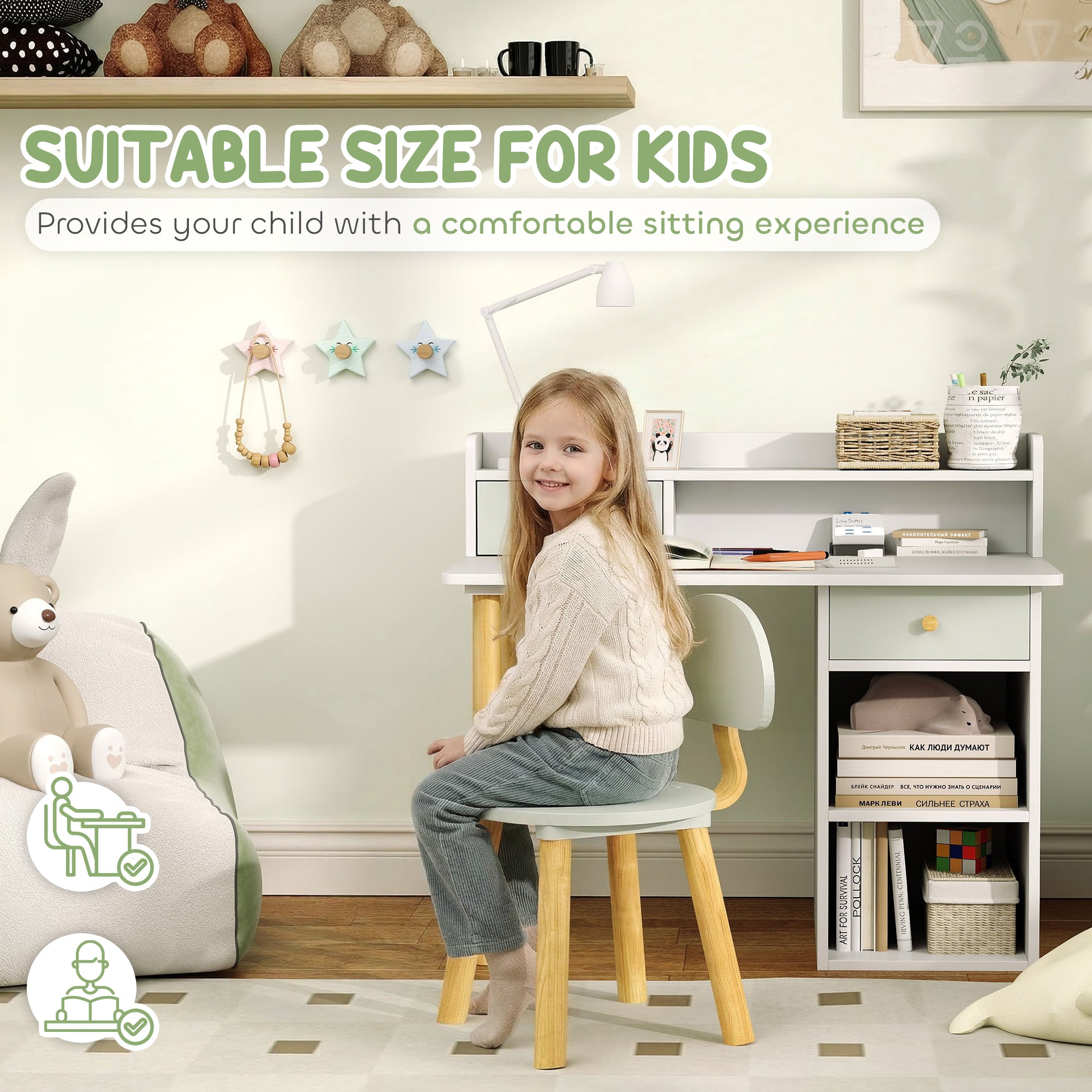 Two-Piece Children Study Table with Hutch, Kids Desk and Chair Set with Storage, Drawer, Shelves, Green
