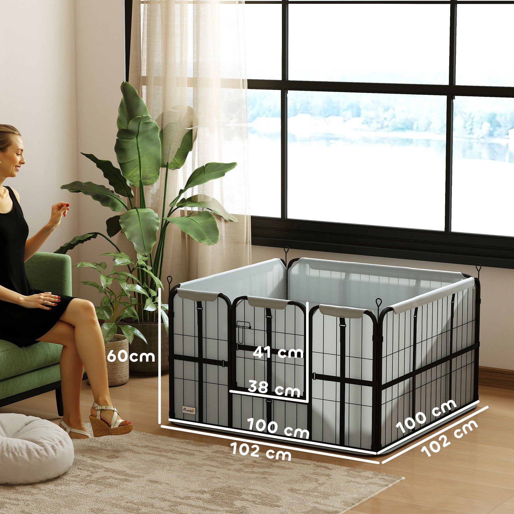 Steel Dog Whelping Box with Washable Pad and Windproof Cloth for Small & Medium Dogs 102x102x60cm - Black