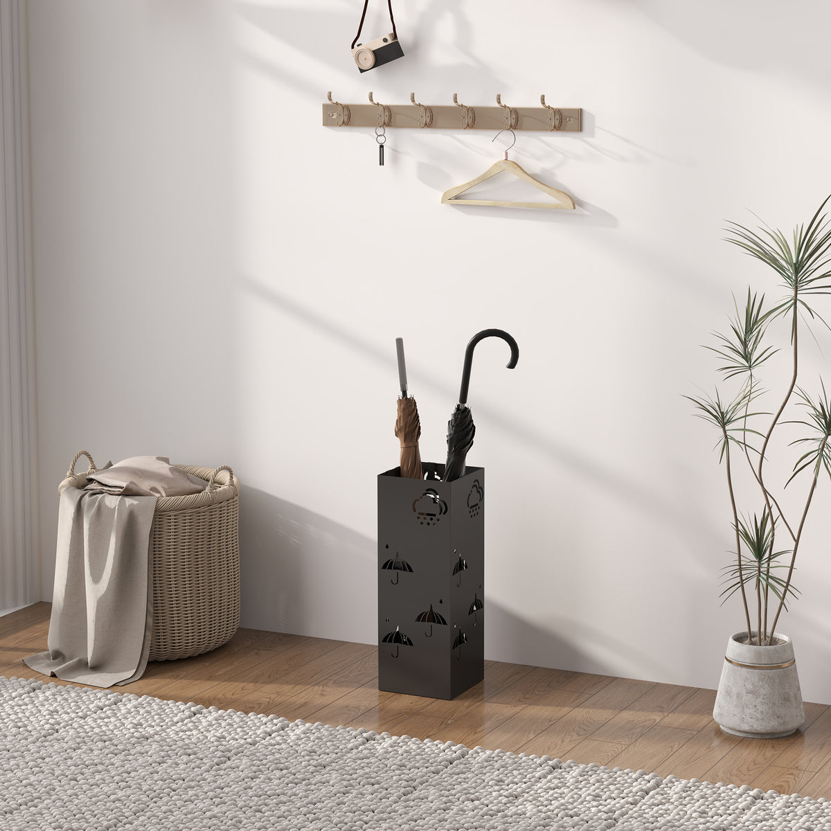 Metal Square Umbrella Stand with 4 Hooks & Removable Drip Tray 15.5x15.5x41 cm - Black